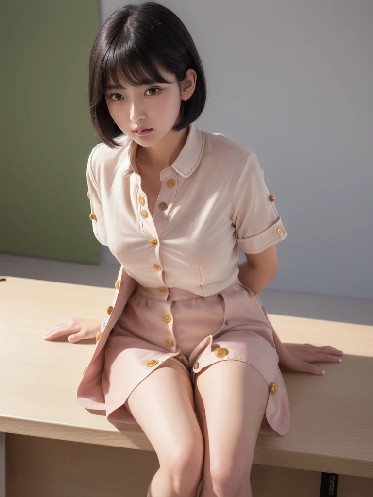 (8k, Photorealistic, Raw photo, Highest quality: 1.4),Japanese idol-style beautiful girl,1 person,17 years old,Hairstyle(Short Bob,Black :1.4),She has her hair tucked behind her ears,Large, clear grey eyes,Long eyelashes,Plump Cheeks,Thin and delicate shoulders,(bra(Pink)Wearing),thin abdomen,(She is wearing a plain white short-sleeved blouse(All the buttons on the front are undone and open :2.1,The hem is protruding :2.1)),(Pleated skirt(Plaid)Wearing),School classroom,(Sitting on a desk with knees bent and legs wide apart :2.0)),(View from below),Full body portrait