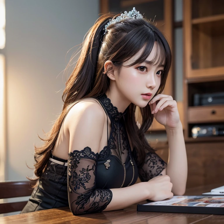 Tabletop、highest quality、figure、 Ultra-detailed、High resolution、8k wallpaper、Perfect dynamic composition,、Beautiful fine details、Women's Fashion Winter、ponytail、(Beautiful big breasts:1.3)、Natural color lip、Bold sexy pose、20-year-old girl、cute、sexy shot looking at camera、topless