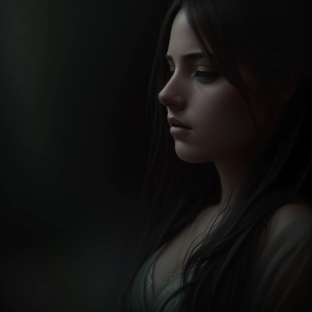 A woman gazing wistfully into the distance, pensive expression, flowing hair, soft light, melancholic atmosphere, cinematic composition, digital painting, muted pastel colors, dramatic lighting, ethereal quality, painterly, highly detailed, realistic, photorealistic, intricate details, masterpiece