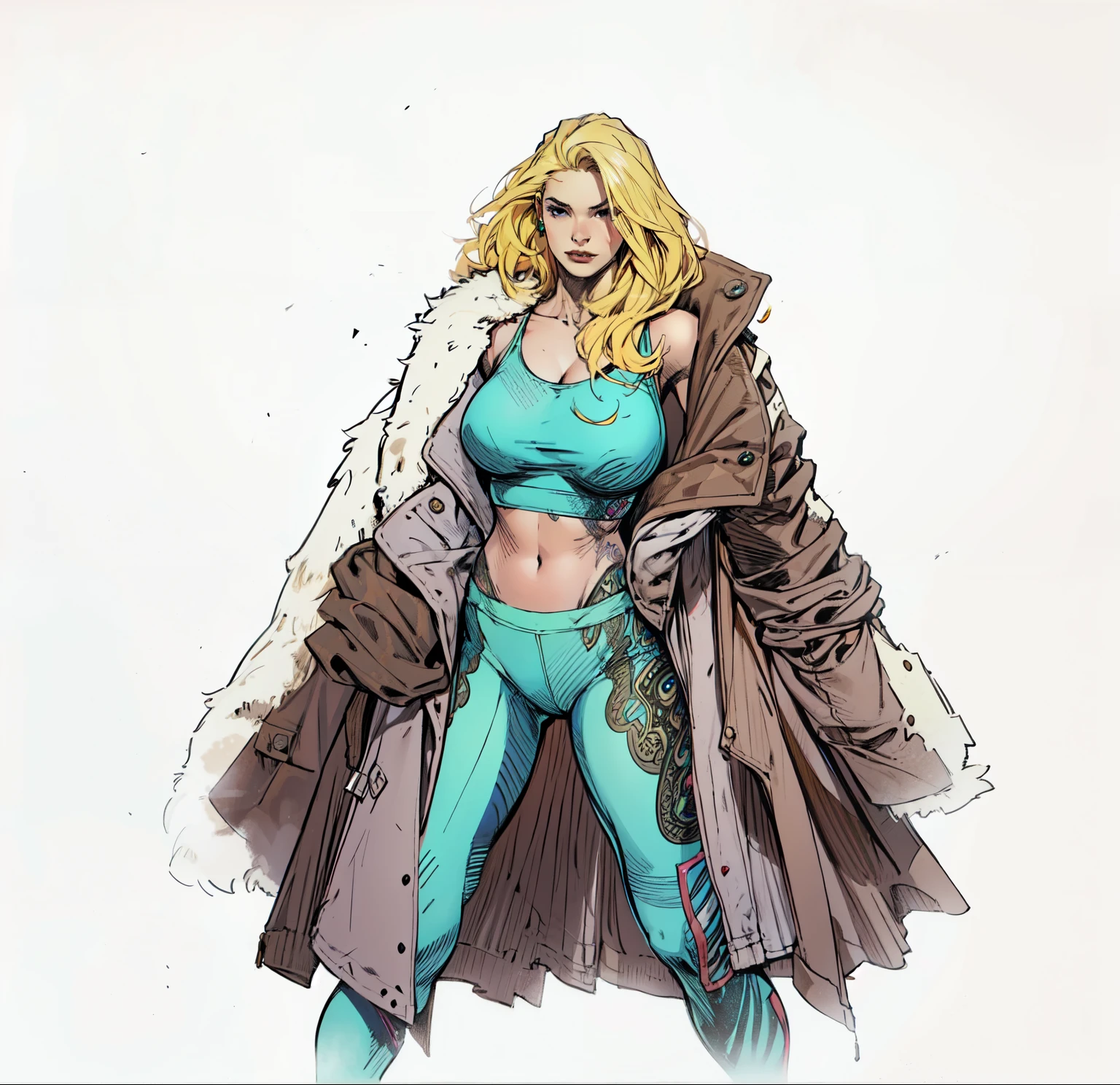 WOMAN BLOND HAIR BIG WEARING A COAT BROWN COLOR , WEARING BLUE YOGA PANTS WEARING RED BLASSES, MASTERPICE , HIGH DETAIL , REALISTIC SHADOWS