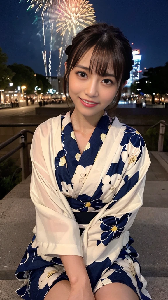 (masterpiece:1.3), High resolution, Super detailed, Highly detailed CG Unity 8k wallpaper, Realistic, photo-Realistic, RAW Photos, Beautifully detailed face, Pale skin, Realistic glistening skin, Detailed cloth texture, Detailed hair texture, Perfect body, Beautiful Face, Accurate, Anatomically correct, Highly detailed face and skin texture, Natural neck length, (Beautiful Hands), (Fair skin:1.2), Thin legs, Thin legs, (Good teeth alignment:1.1), Sweaty skin, 
break, 
Fine grain, Symmetrical eyes, Light brown eyes, double eyelid, Thin eyebrows, (Glossy lips:1.4), ((Lonely smile:1.2)), (blush:1.2), (Sparkly little hair accessories:1.1), 
break, 
(Classy girl:1.3), (wear (a navy yukata:1.2) White flower pattern), 
break, 
((Close-up shot:1.3)), (From below:1.3), 
Medium chest, Slim figure, Toned Abs, 
((Updo, Dark blonde hair, Wavy Hair, Long Hair, Asymmetrical bangs:1.2)), 
break, 
((Sitting on the stairs, hugging her knees and looking down:1.2)), ((Huge, colorful fireworks burst into the night sky at Odaiba:1.2)),