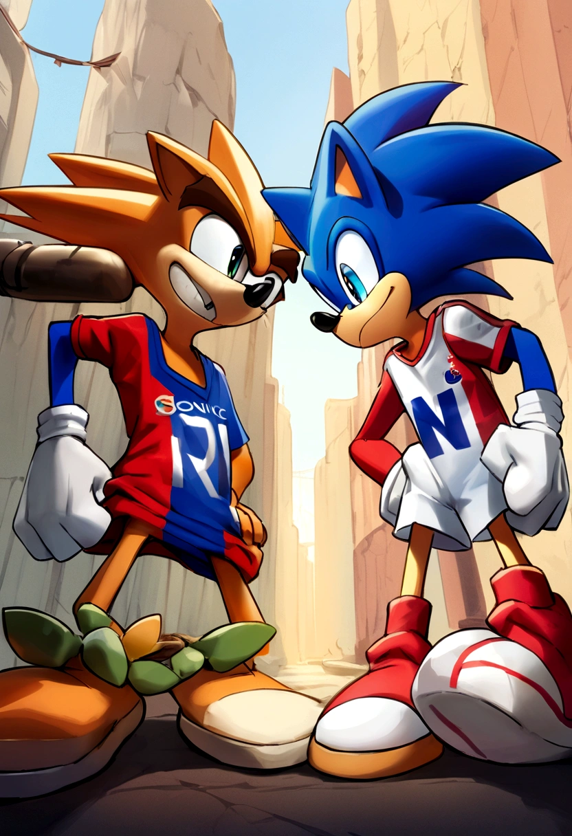 Sonic with a blue white red France jersey and Crash Bandicoot with a jersey written RN