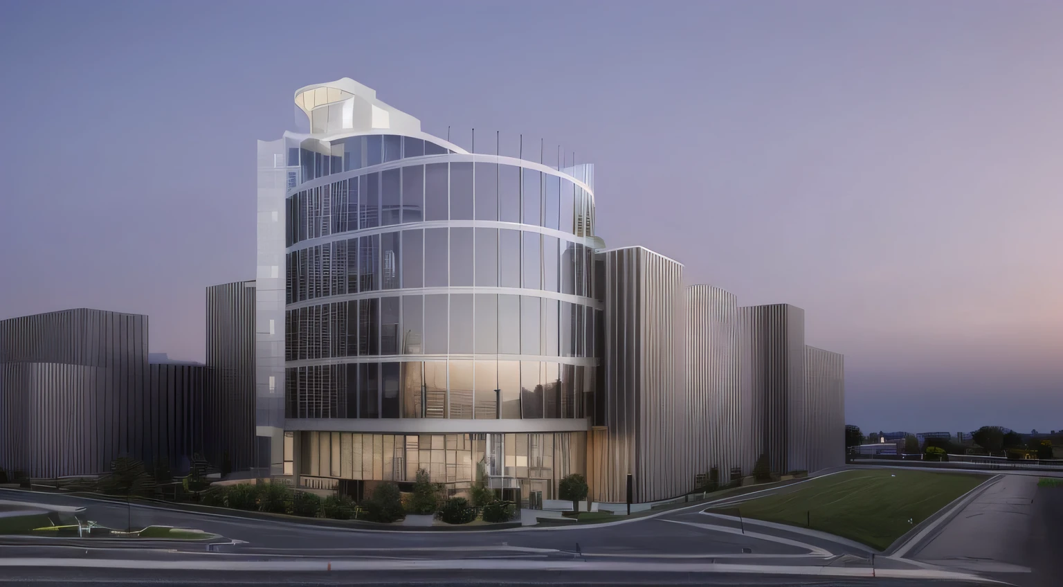 arafed view of a modern building with a curved glass facade, sharp hq rendering, medical research facility, architectural rendering, artstation hq”, precise architectural rendering, office building, architectural render, architectural 3 d render, a photorealistic rendering, render in vray, architecture render ”, architecture render, realistic building, artstation hq, wide angle exterior 2022