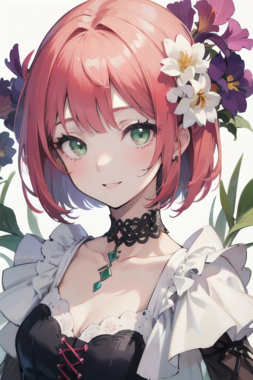 ((highest quality)), ((masterpiece)), (detailed), Perfect Face, , young, girl, pale crimson hair, Bob Hair, Green Eyes, Iris Dress, Flowers, pink Flowers, Happy, sunny,  White lace choker, romantic, A kind smile, Show Viewer, Portraiture, flat, ribbon、Small breasts、skin