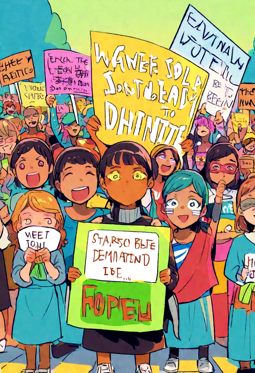 "Create an illustration of a young activist standing on a stage during a protest rally, passionately speaking to a diverse crowd holding signs about social justice, equality, and climate change. The atmosphere should be empowering, with vibrant colors symbolizing hope and determination."