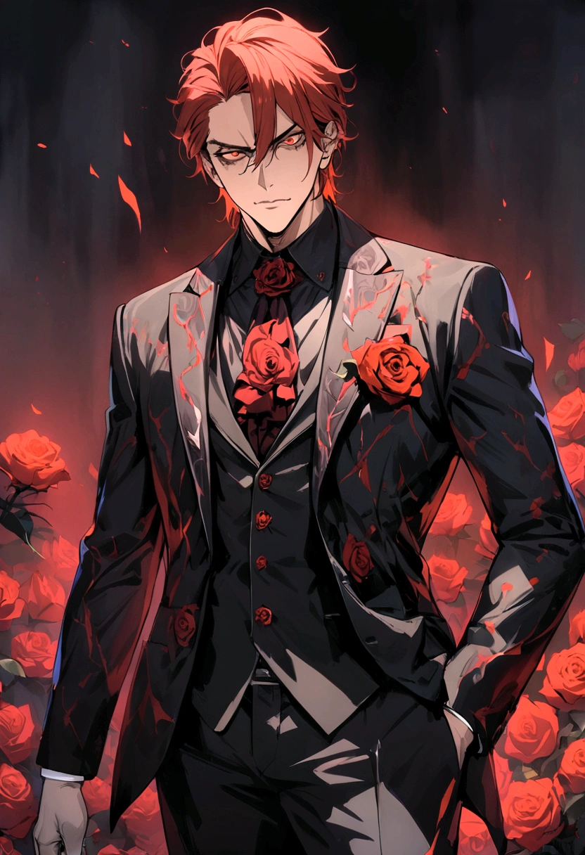 1man, handsome, evil, sinister, red eyes, red hair, wearing suit, masterpiece, rose, rose on suit, 4k, top quality, highly detailed, official art