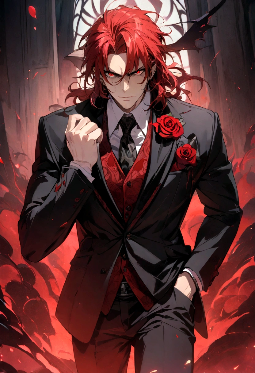 1man, handsome, evil, sinister, red eyes, red hair, wearing suit, masterpiece, rose, rose on suit, 4k, top quality, highly detailed, official art
