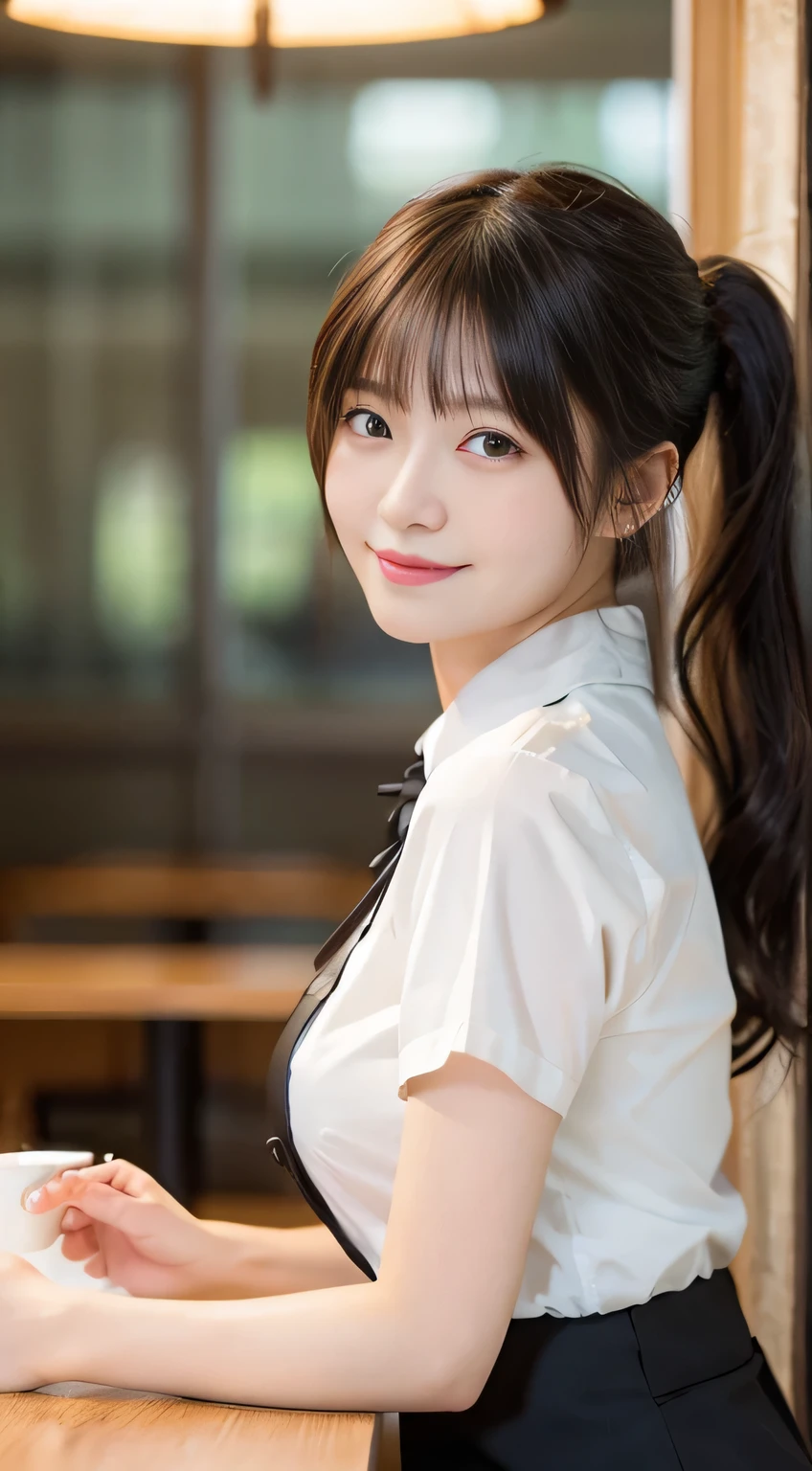 (highest quality,masterpiece:1.3,Ultra-high resolution,),(Very detailed,Caustics),(Photorealistic:1.4,RAW shooting,)Ultra-Realistic Capture,Very detailed,High resolution 16K human skin closeup。 Natural skin texture、,Pores、、、It must be detailed enough to be easily identifiable。 Skin tone is even and healthy looking。 Use natural light and color,restaurant,Waitress Uniform,1 girl,Japanese,18-year-old,cute,Black-haired,ponytail,Big Breasts,smile,Turn your body forward,(Front view:1.1),Looking at the camera,Cowboy Shot,
