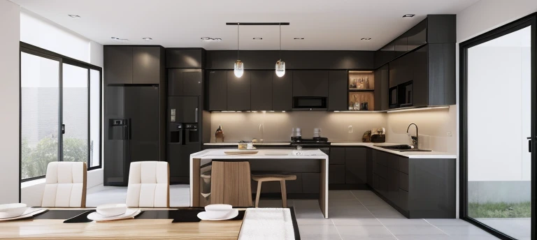 morden kitchen  design,Super sharp like photos taken with a professional camera, (Masterpiece,best quality,8k uhd,dslr,soft lighting,high quality,hyper detail,film grain,Fujifilm XT3, UE 5 render 8k, super high resolution, supper detail:1.2), color block wall decor, Cream color block wall decor, glossy floor, (((volumetric light))), dark tone, glossy floor