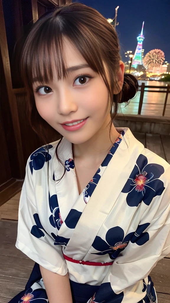 table top, highest quality, shape, Super detailed, finely, High resolution, 8k wallpaper, 完璧なダイナミックな構shape, finelyて美しい目,bob hair, natural color lip, random,smile,20 year old girl、stand、yukata、whole body