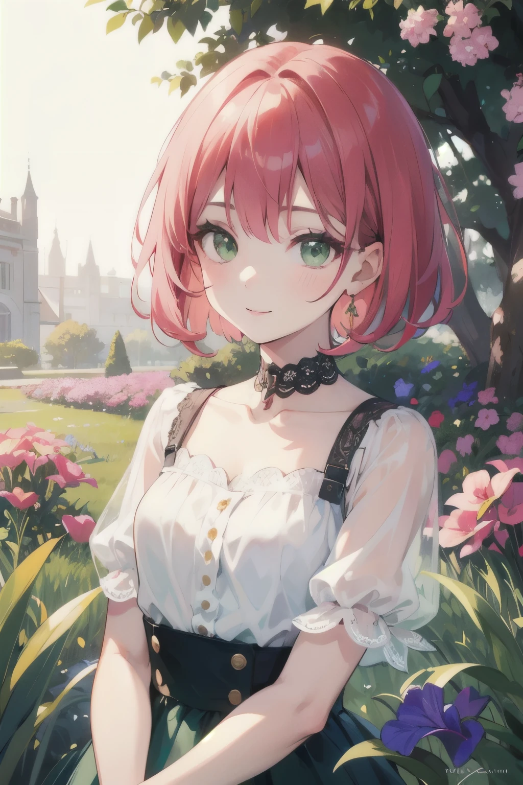 ((highest quality)), ((masterpiece)), (detailed), Perfect Face, , young, girl, pale crimson hair, Bob Hair, Green Eyes, Iris Dress, Flowers, pink Flowers, Happy, sunny, Green Grass, Grass, White lace choker, romantic, A kind smile, Show Viewer, Portraiture, flat, ribbon、Small breasts、skin、garden