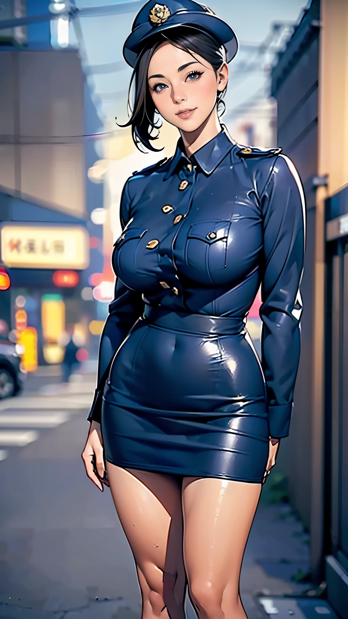 (masterpiece:1.2, highest quality), (Realistic, photoRealistic:1.4),Beautiful illustrations,(Natural Side Lighting, Cinema Lighting),1 female,Japanese,Mature Woman,Policewoman on patrol,48 years old,Perfect Face, Symmetrical face, Shiny skin,Random Hairstyles,Big eyes,Sexy Eyes,(smile),(whole body),BREAK((Police Officer Shirt)),((Tight mini skirt))(Police hat),(The background is a street corner:1.5),(((Background Blur:1.5))),((police uniform)),(((Standing posture)))