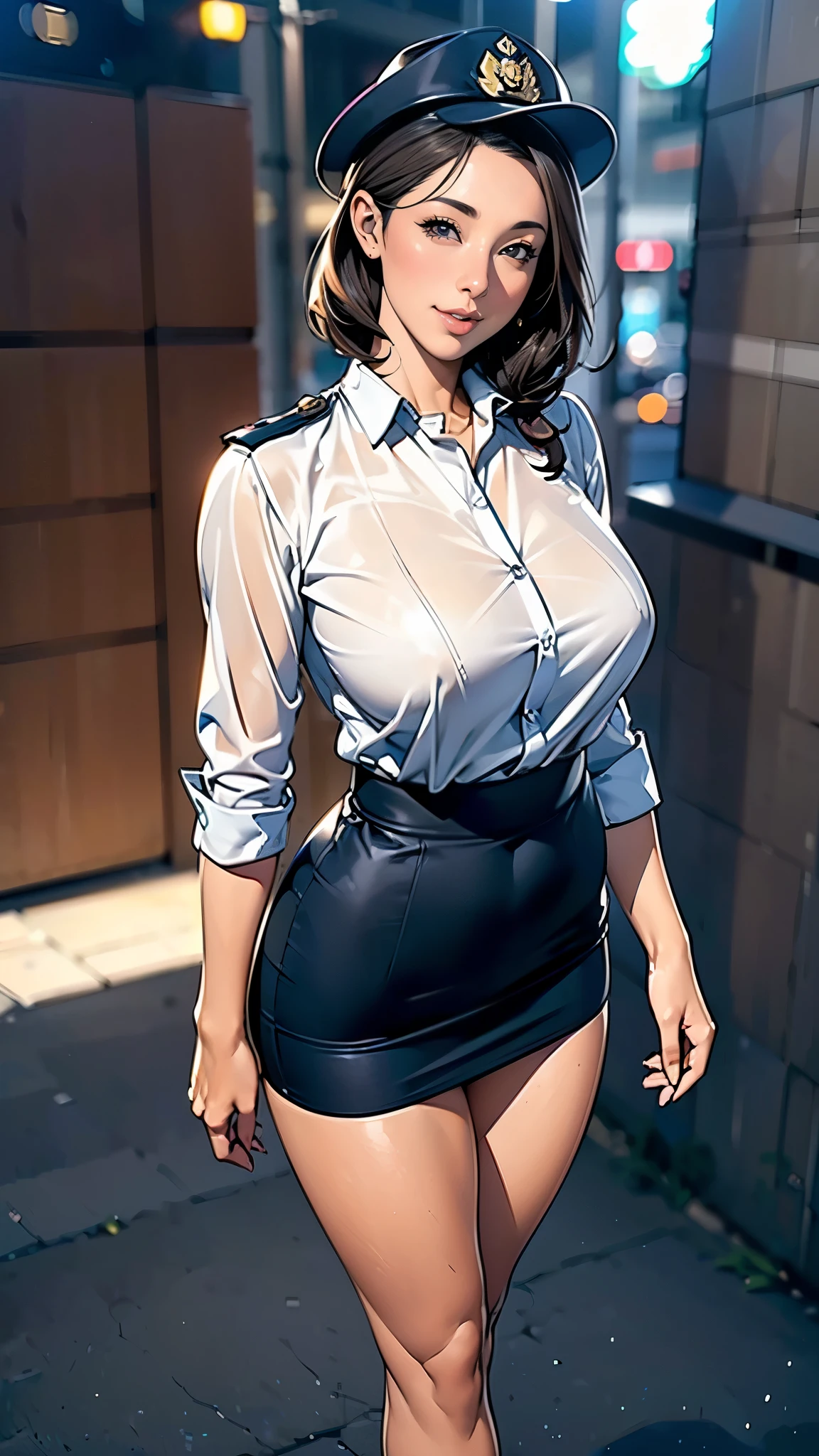 (masterpiece:1.2, highest quality), (Realistic, photoRealistic:1.4),Beautiful illustrations,(Natural Side Lighting, Cinema Lighting),1 female,Japanese,Mature Woman,Policewoman on patrol,48 years old,Perfect Face, Symmetrical face, Shiny skin,Random Hairstyles,Big eyes,Sexy Eyes,(smile),(whole body),BREAK((Police Officer Shirt)),((Tight mini skirt))(Police hat),(The background is a street corner:1.5),(((Background Blur:1.5))),((police uniform)),(((Standing posture)))