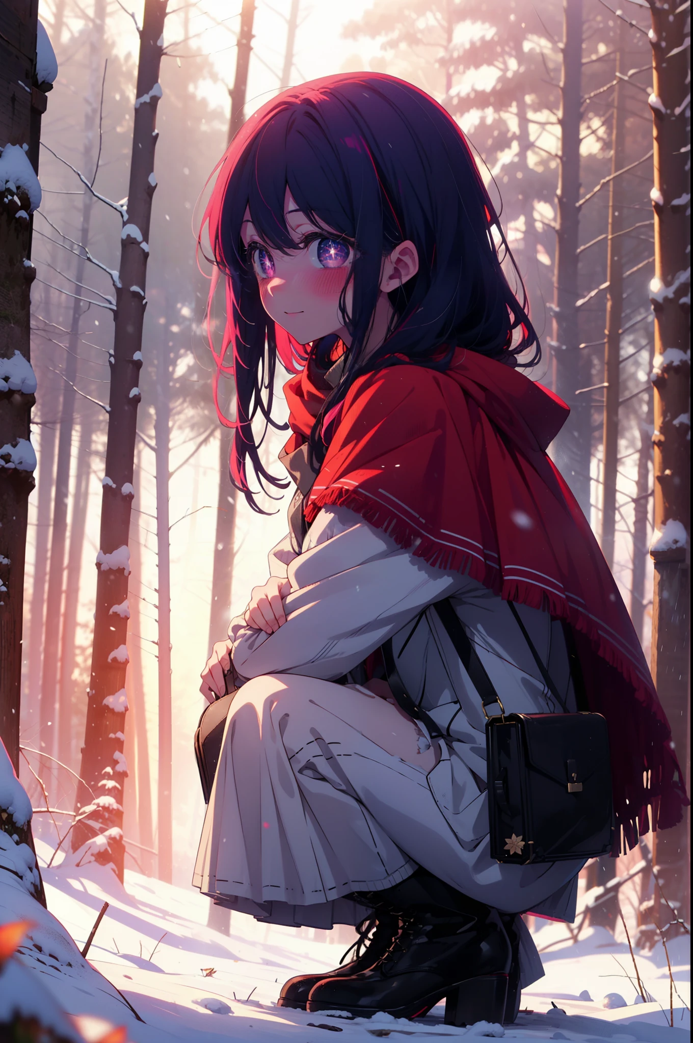 aihoshino, Ai Hoshino, Long Hair, bangs, (Purple eyes:1.1), Purple Hair, (Symbol-shaped pupil:1.5), smile,,smile,blush,White Breath,
Open your mouth,snow,Ground bonfire, Outdoor, boots, snowing, From the side, wood, suitcase, Cape, Blurred, , forest, White handbag, nature,  Squat, Mouth closed, Cape, winter, Written boundary depth, Black shoes, red Cape break looking at viewer, Upper Body, whole body, break Outdoor, forest, nature, break (masterpiece:1.2), highest quality, High resolution, unity 8k wallpaper, (shape:0.8), (Beautiful and beautiful eyes:1.6), Highly detailed face, Perfect lighting, Extremely detailed CG, (Perfect hands, Perfect ???????),