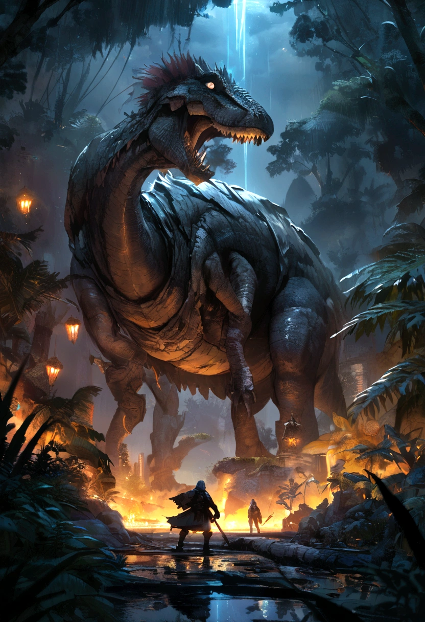 Dinosaurs resist waves,jungle,Super Large Reality,Ancient、night