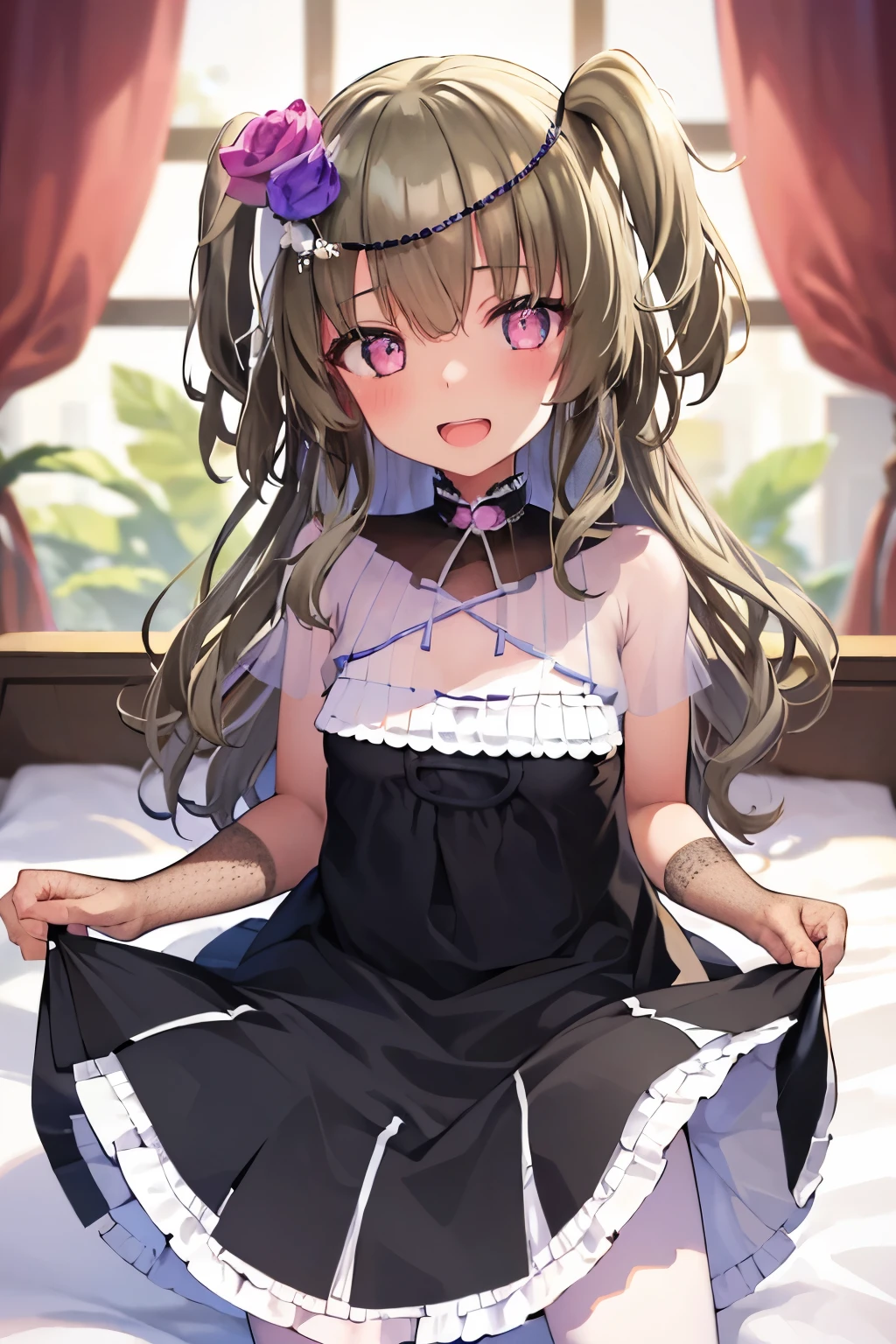 Himari Mei, masterpiece, 8 years old, flat chest, {1 girl}, cute and shy smile, highly detailed sparkling brilliant eyes, spread legs wide, on the bed of the elegant resort hotel, open mouth slightly, Bratty face, Skirt lifted, showing off thighs, {{{Absolute area}}}