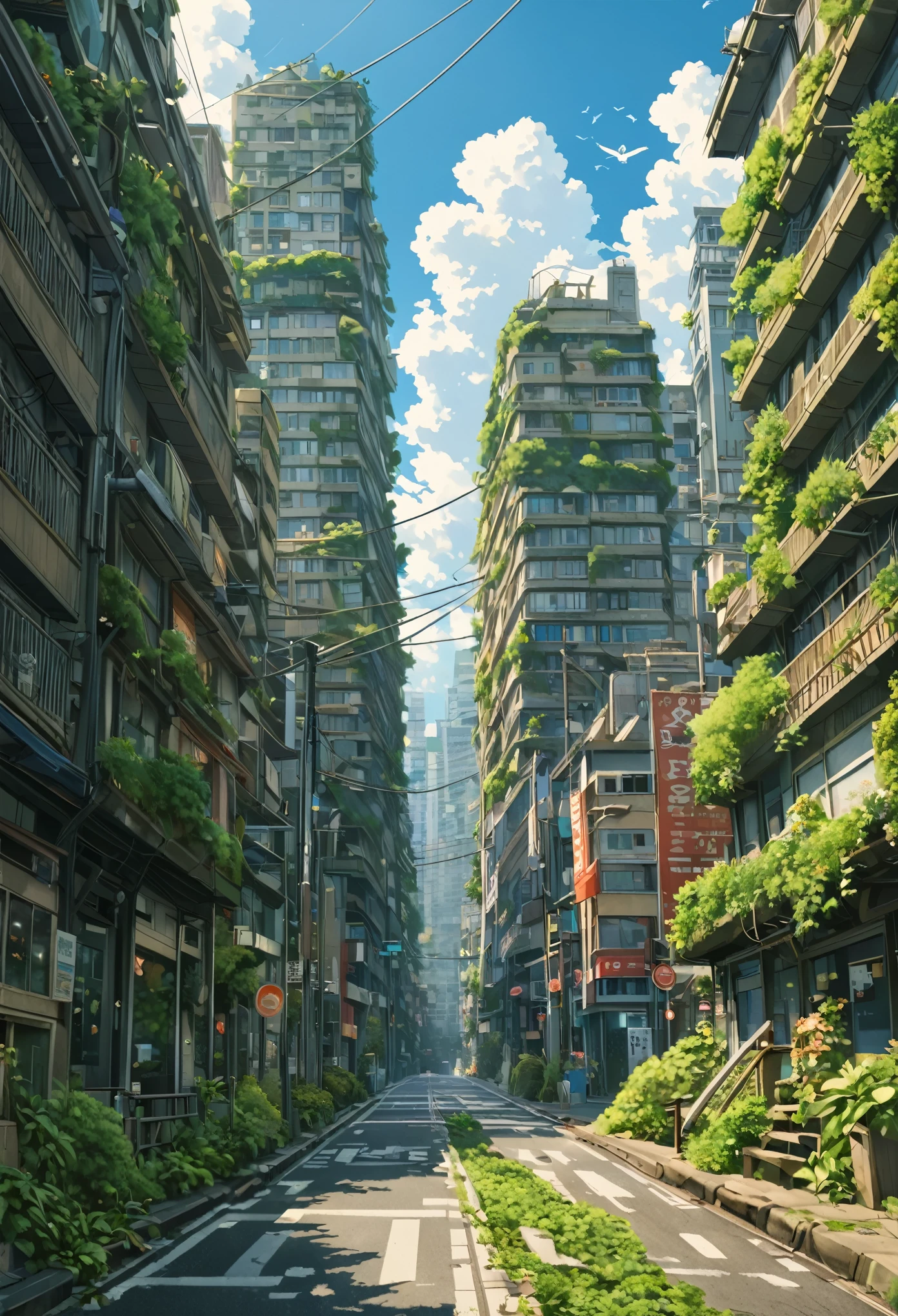 ((only background)), ((photo realistic:1.4,illustration)),(masterpiece, top quality, best quality),(ultra-detailed, absolutely resolution),((16k, high res)).(reflect),
BREAK {(anime movie by Studio Ghibli Style: 1.5)}
BREAK {detailed illustration of a post-apocalyptic Shibuya Scramble Crossing where humans are extinct. The scene should show the iconic intersection overgrown with lush vegetation. The buildings and billboards should be in a state of decay, covered in vines and moss. The once-bustling streets should now be peaceful and quiet, with nature reclaiming the urban landscape. Include various animals such as deer, birds, and small mammals roaming freely in the area. The water should be crystal clear, reflecting the surrounding greenery and remnants of the urban environment. The sky should be bright and clear, with natural light illuminating the scene to create a serene yet eerie atmosphere. The overall vibe should convey nature's triumph over human civilization, blending the decaying urban structures with thriving wildlife and plant life}
BREAK { (produces images with information than 40 million pixels with cinematic-like detailed textures shot on a Sony SLR).}
BREAK {(((cinematic look))), soothing tones, insane details, intricate details, hyperdetailed, low contrast, exposure blend, hdr, beautiful blue image, (hi contrast),Sony SLR.}
