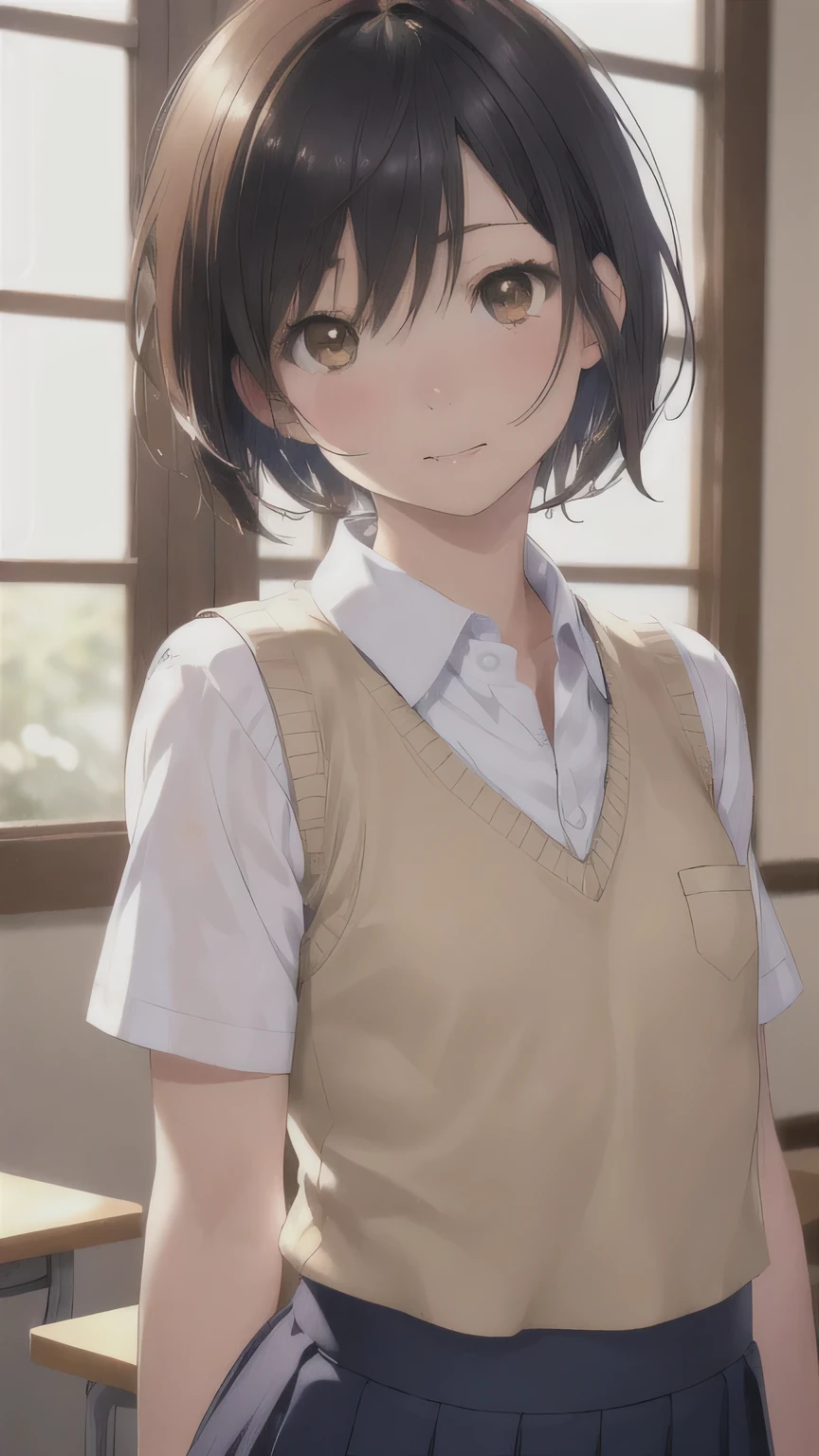 best quality, face focus, soft light, ultra high res, (photorealistic:1.4), RAW photo, 1japanese girl, solo, cute, (shy smile:0.5), (brown eyes, lights in the eyes), detailed beautiful face, (small chest),(high resolution detail of human skin texture), (short bob hair), BREAK, in classroom,navy , vest, skirt