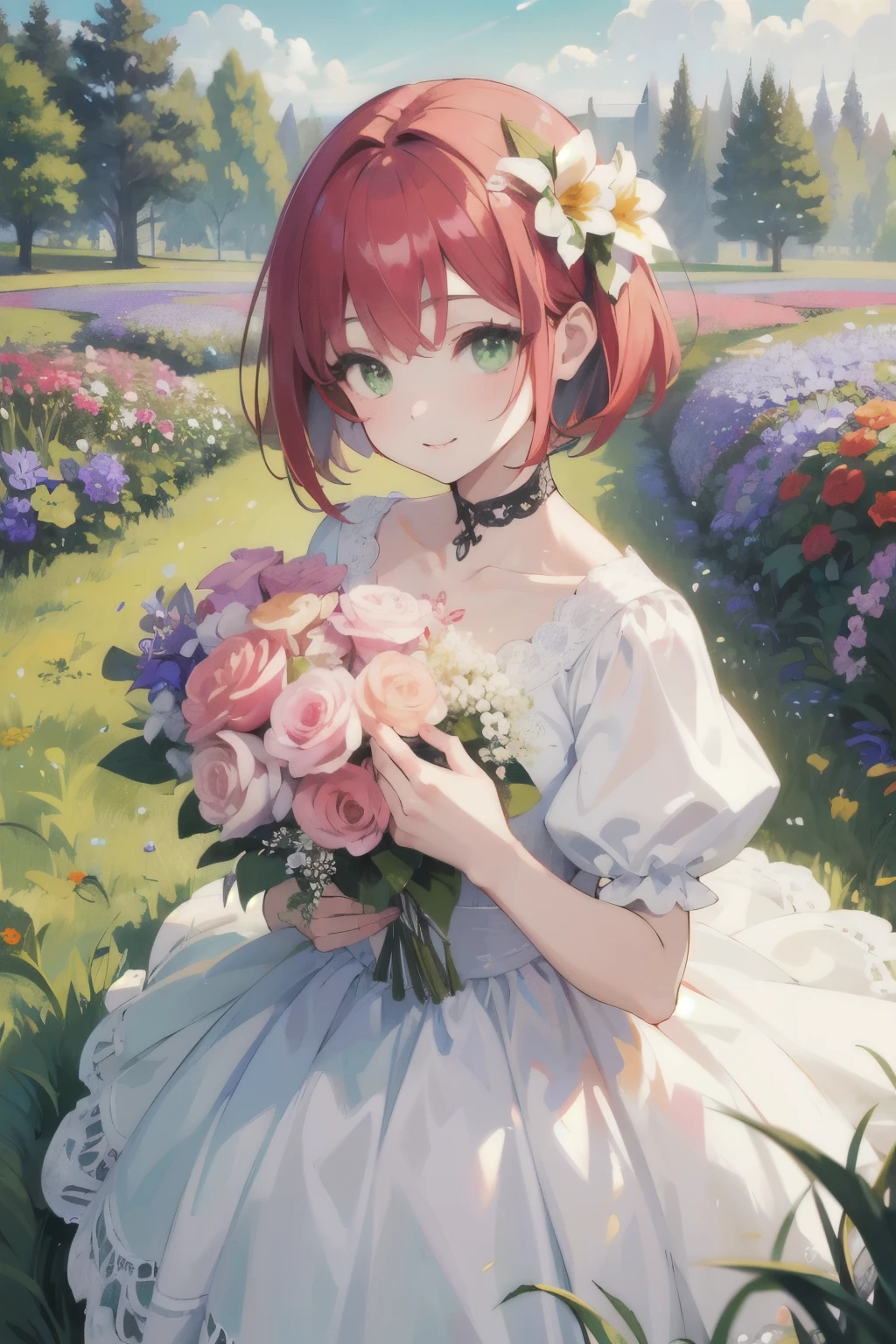 ((highest quality)), ((masterpiece)), (detailed), Perfect Face, , young, girl, pale crimson hair, Bob Hair, Green Eyes, Iris Dress, Flowers, pink Flowers, Happy, sunny, Green Grass, Grass, White lace choker, romantic, A kind smile, View Audience, Portraiture, flat, ribbon、chest、skin、garden、bouquet