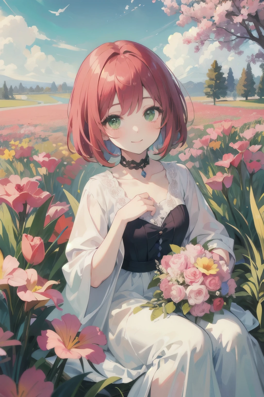 ((highest quality)), ((masterpiece)), (detailed), Perfect Face, , young, girl, pale crimson hair, Bob Hair, Green Eyes, Iris Dress, Flowers, pink Flowers, Happy, sunny, Green Grass, Grass, White lace choker, romantic, A kind smile, View Audience, Portraiture, flat, ribbon、chest、skin、garden、bouquet