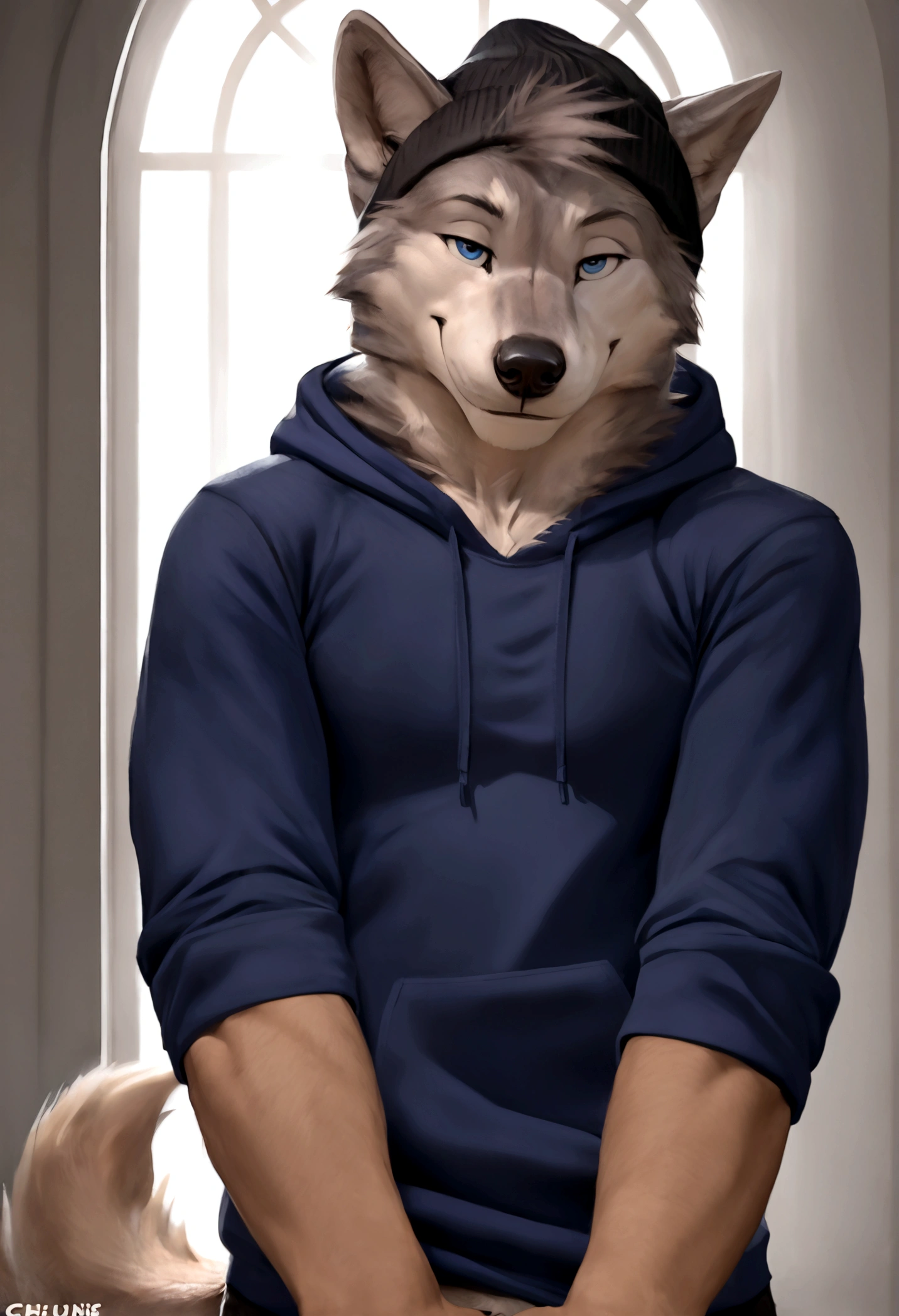 4k, high resolution, best quality, perfect colors, perfect shadows, perfect lighting, posted on e621, furry body, solo, medium full shot, anthro gray wolf, natural gray wolf fur pattern, sleep deprived, irritated eyes, wearing a t shirt with a death metal band logo, wearing a black open zipped down hoodie with the hood down, (anatomically correct wolf tail, detailed fingers, male, (middle-aged, mature:1.2), (skinny, average body), correct anatomy, (photorealistic fur, detailed fur, epic, masterpiece:1.2), (big modern background), (by Taran Fiddler, by Chunie, by Rukis, Bonifasko lighting), (standing), detailed blue eyes, smiling half-heartedly at the viewer, the hoodie is zipped down and showing the t shirt, the hood on the hoodie is down, t shirt is visible, head is fully visible, wearing a black beanie, he is not wearing the hood, the shirt can be seen under the hoodie, sleeves rolled up to elbows, t shirt, tee shirt, shirt