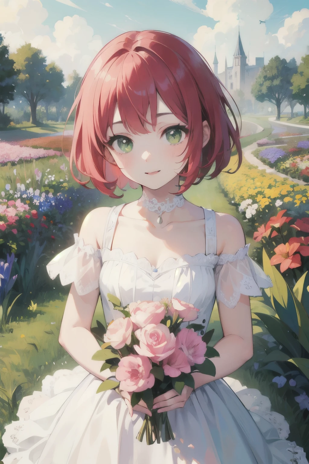 ((highest quality)), ((masterpiece)), (detailed), Perfect Face, , young, girl, pale crimson hair, Bob Hair, Green Eyes, Iris Dress, Flowers, pink Flowers, Happy, sunny, Green Grass, Grass, White lace choker, romantic, A kind smile, View Audience, Portraiture, flat, ribbon、chest、skin、garden、bouquet