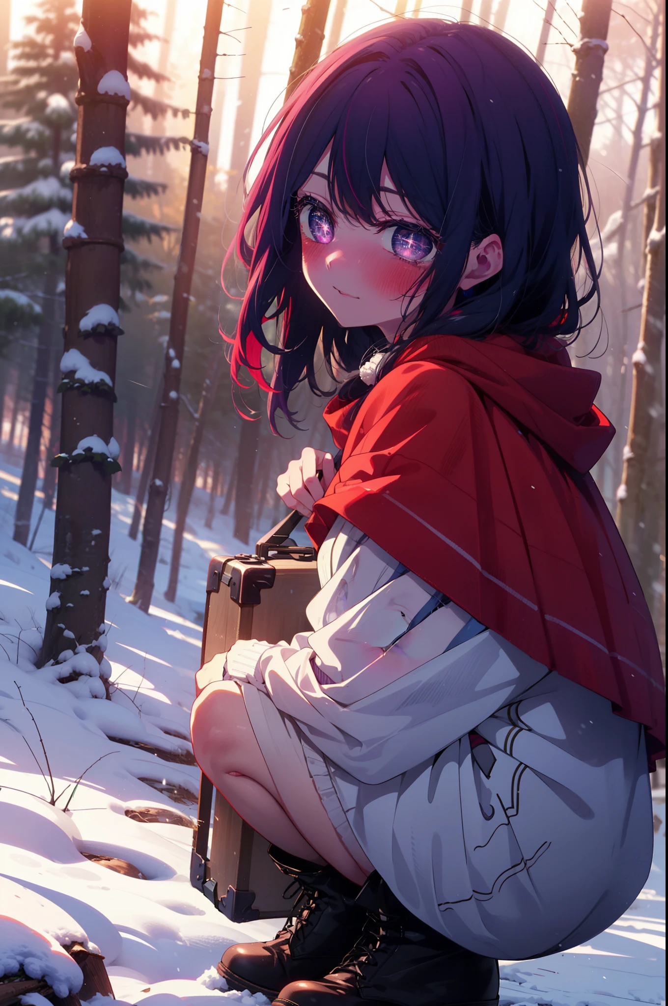 aihoshino, Ai Hoshino, Long Hair, bangs, (Purple eyes:1.1), Purple Hair, (Symbol-shaped pupil:1.5), smile,,smile,blush,White Breath,
Open your mouth,snow,Ground bonfire, Outdoor, boots, snowing, From the side, wood, suitcase, Cape, Blurred, , forest, White handbag, nature,  Squat, Mouth closed, Cape, winter, Written boundary depth, Black shoes, red Cape break looking at viewer, Upper Body, whole body, break Outdoor, forest, nature, break (masterpiece:1.2), highest quality, High resolution, unity 8k wallpaper, (shape:0.8), (Beautiful and beautiful eyes:1.6), Highly detailed face, Perfect lighting, Extremely detailed CG, (Perfect hands, Perfect Anatomy),