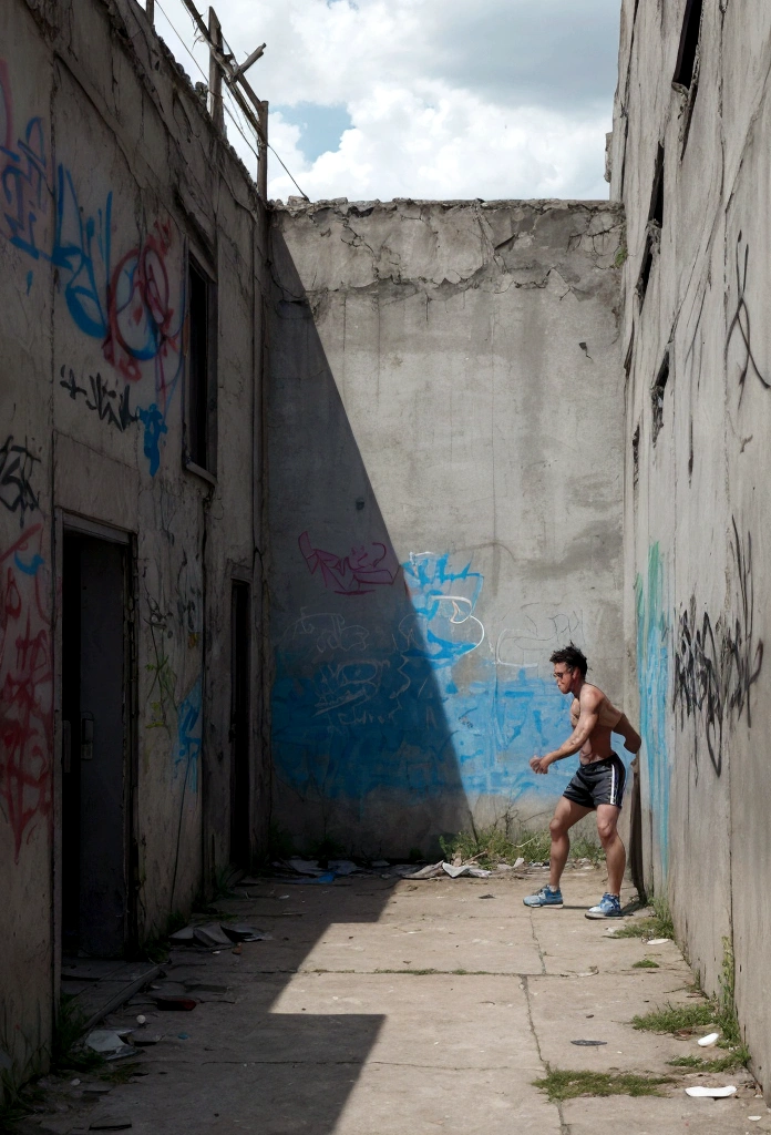 naked 21 year old man running in fear down an alley