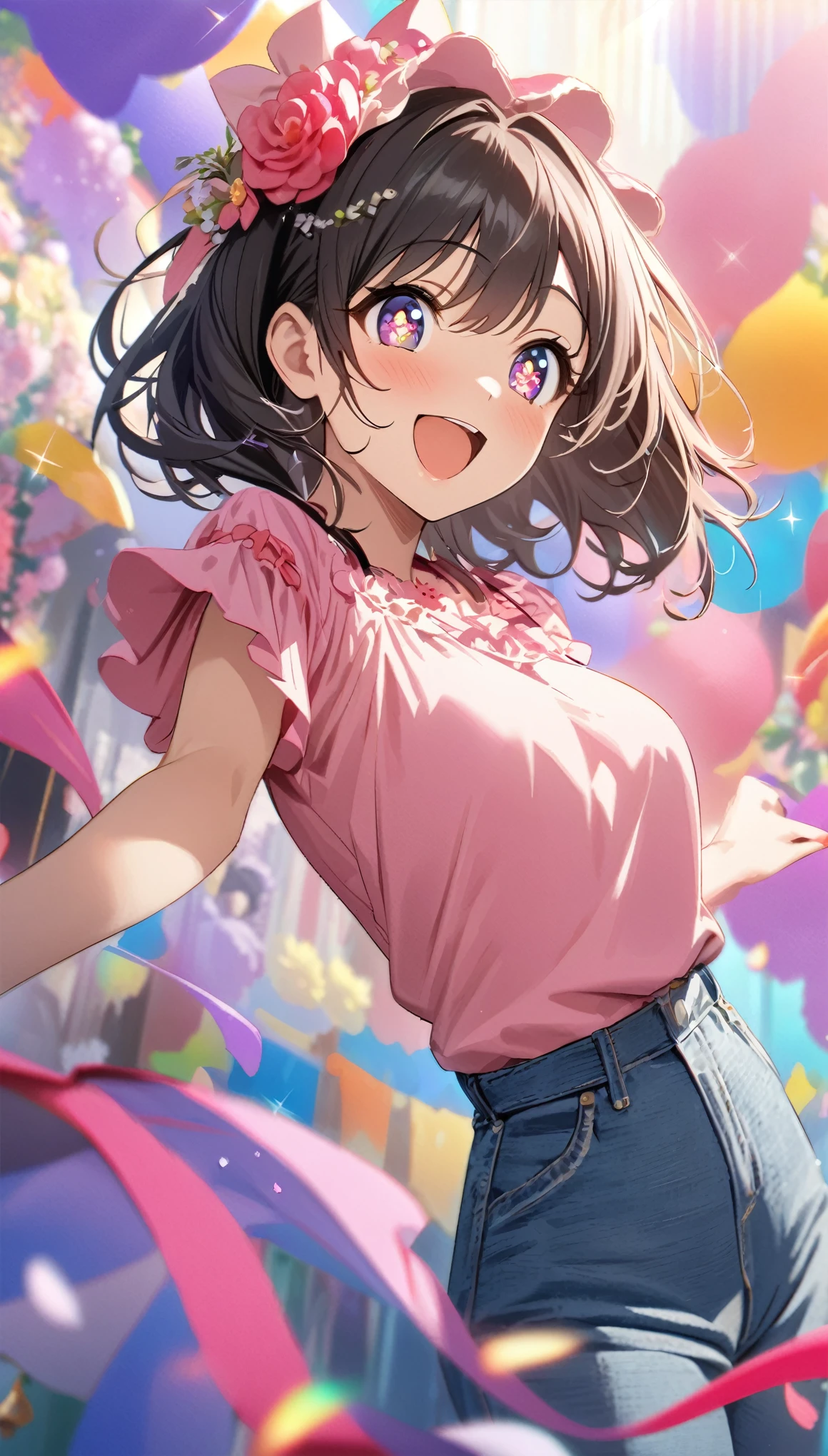 with high definition images，A scene from a movie，Anime Girl Masterpiece、highest quality、Uma Musume Pretty Derby。1girl、solo、Haruurara、Denim pants、Pink Shirt、accessories(0.6)、Open-mouthed and smiling broadly、Surrounded by colorful backgrounds、Flower-shaped pupils sparkle。