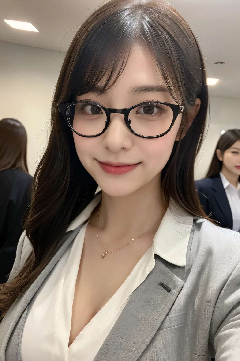 (highest quality, 8k, 32k, masterpiece, Ultra-high resolution:1.2), 1 girl, ((close:1.2)), Beautiful Japanese office lady, (smile:0.5), (Looking at the audience), Slightly thicker, Glasses, Grey suit, Grey mini skirt, Closed white shirt, Open jacket, Office Room, machine, (Huge breasts, Hips:1.2), Beautiful face in every detail, ponytail, From below,