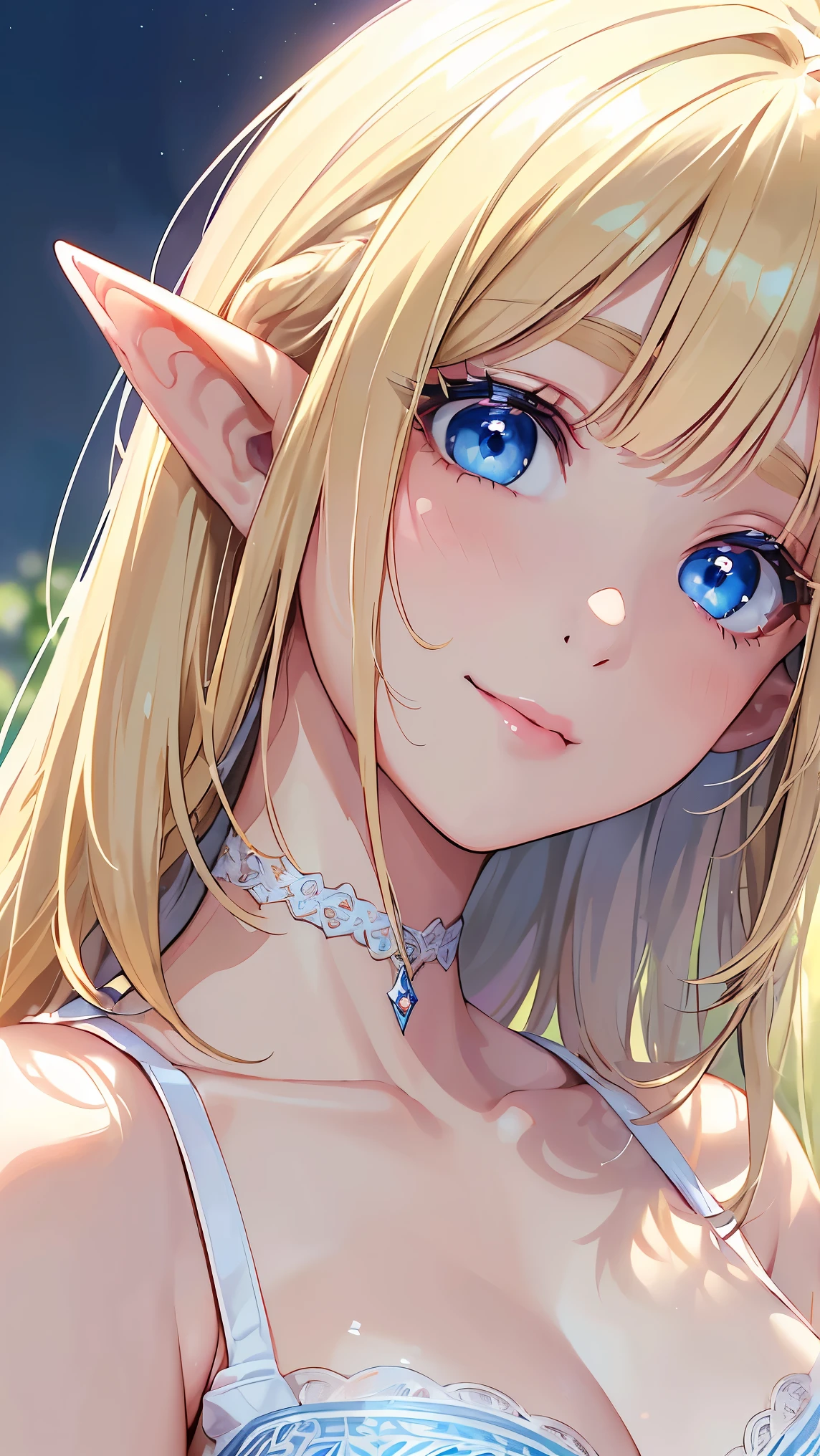 16k、masterpiece、High resolution、High resolution、((Young Elven Woman))、((Beautiful white skin))、Small breasts、((Beautiful blonde))、Bobcut、((Beautiful Blue Eyes))、((Narrow eyes))、((Pointy Ears))、Smiling Kindly、Pink Lip Gloss、blush、Luxury Bra、Bedroom at night、Dimly lit room、Look up at me、((Upper body close-up))