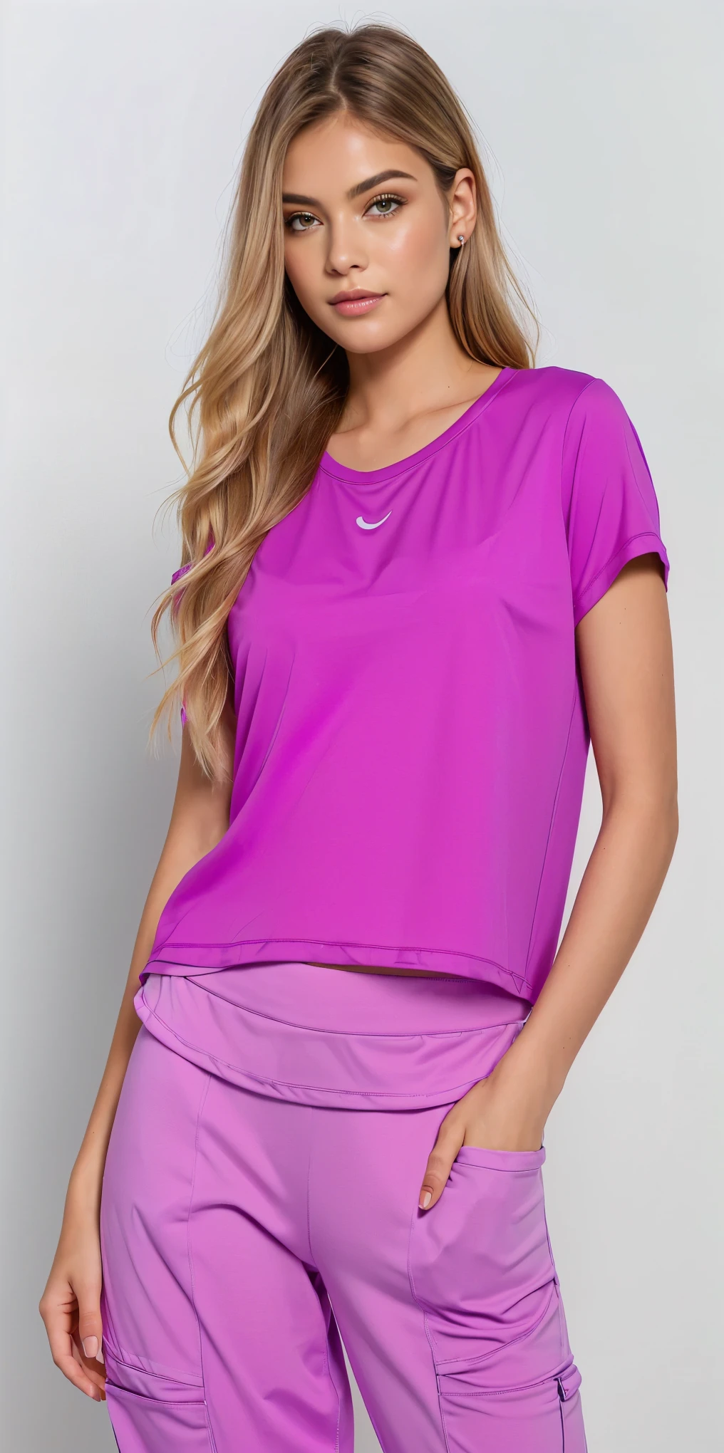 a woman in a rosa shirt and purple pants posing for a picture, camisa magenta, top roxo, Manga curta, camiseta, magenta, corte superior, violet coloured Camiseta, rosa shirt, hot rosa, with ripped crop camiseta, rosa, camiseta, Camiseta, neon rosa, corte superior, fuchsia skin