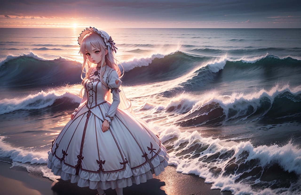 Seafront, Sunrise clouds, Long Sword Art Online, Lolita costume dress, Dynamic posture, 8K, High detail, hyper qualit, high resolution, 8k smooth, landscape shot, 8K, High detail, hyper qualit, high resolution, 8k smooth, landscape shot, super wide shot, iso-distance view