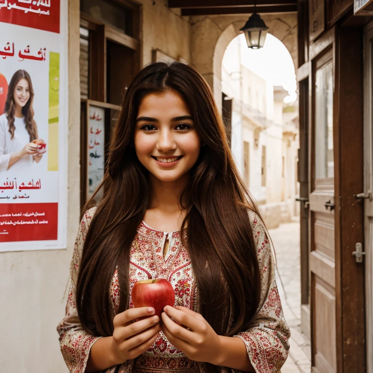 draw a poster of an image of a young woman looking at the camera . she smiles . she has an apple in her hands . she has red long hair. her clothes are Arabic style 