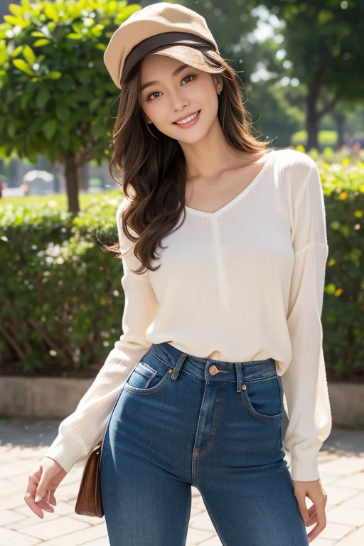 highest quality、4K、Perfect Face、Perfect Style、perfect body、Sunburn、beautiful lady、mature、long curly layer brown hair、Swept-back hair、full body, sexy 、charming、healthy、beige cap with brim、giddy-smile、jeans、at park