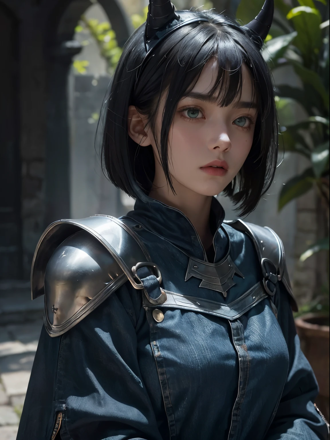 one horn on the left, a 15 yo girl, whole body, wearing denim medieval hood with silver light armor, serious face, short bob hair with bangs, emerald green eyes, black hair, single horn on left, dark theme, soothing tones, muted colors, high contrast, looking away (natural skin texture, hyperrealism, soft light, sharp) armory background,