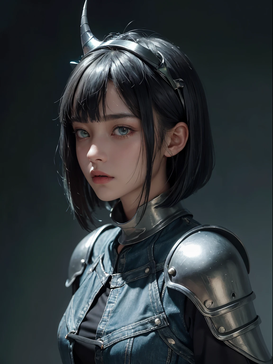 one horn on the left, a 15 yo girl, whole body, wearing denim medieval hood with silver light armor, serious face, short bob hair with bangs, emerald green eyes, black hair, single horn on left, dark theme, soothing tones, muted colors, high contrast, looking away (natural skin texture, hyperrealism, soft light, sharp) armory background,