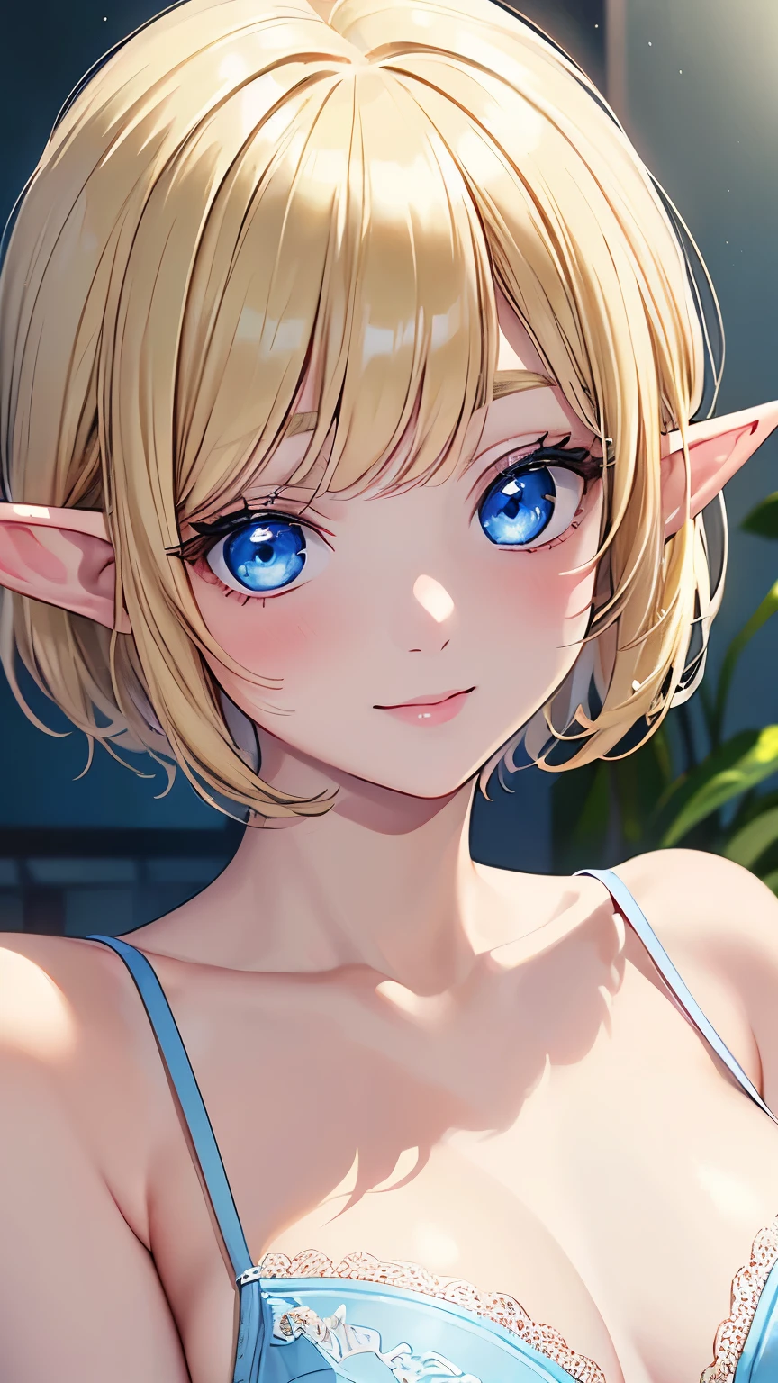 16k、masterpiece、High resolution、High resolution、((Young Elven Woman))、((Beautiful white skin))、Small breasts、((Beautiful blonde))、Bobcut、((Beautiful Blue Eyes))、((Narrow eyes))、Smiling Kindly、Pink Lip Gloss、blush、Luxury Bra、Bedroom at night、Dimly lit room、Look up at me、((Upper body close-up))