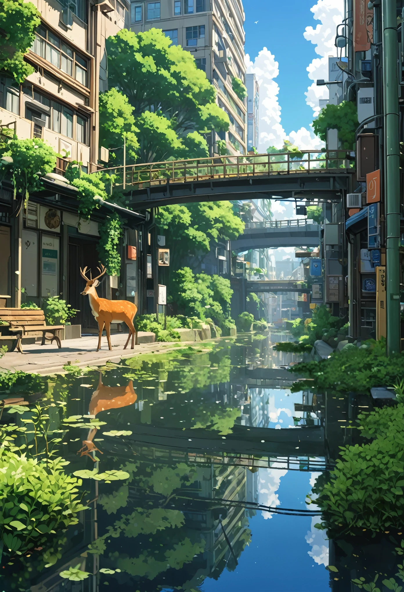 ((only background)), ((anime:1.4,illustration)),(masterpiece, top quality, best quality),(ultra-detailed, absolutely resolution),((16k, high res)).(reflect),
BREAK {(anime movie by Studio Ghibli Style: 1.5)}
BREAK {detailed illustration of a post-apocalyptic Shibuya Scramble Crossing where humans are extinct. The scene should show the iconic intersection overgrown with lush vegetation. The buildings and billboards should be in a state of decay, covered in vines and moss. The once-bustling streets should now be peaceful and quiet, with nature reclaiming the urban landscape. Include various animals such as deer, birds, and small mammals roaming freely in the area. The water should be crystal clear, reflecting the surrounding greenery and remnants of the urban environment. The sky should be bright and clear, with natural light illuminating the scene to create a serene yet eerie atmosphere. The overall vibe should convey nature's triumph over human civilization, blending the decaying urban structures with thriving wildlife and plant life}
BREAK { (produces images with information than 40 million pixels with cinematic-like detailed textures shot on a Sony SLR).}
BREAK {(((cinematic look))), soothing tones, insane details, intricate details, hyperdetailed, low contrast, exposure blend, hdr, beautiful blue image, (hi contrast),Sony SLR.}