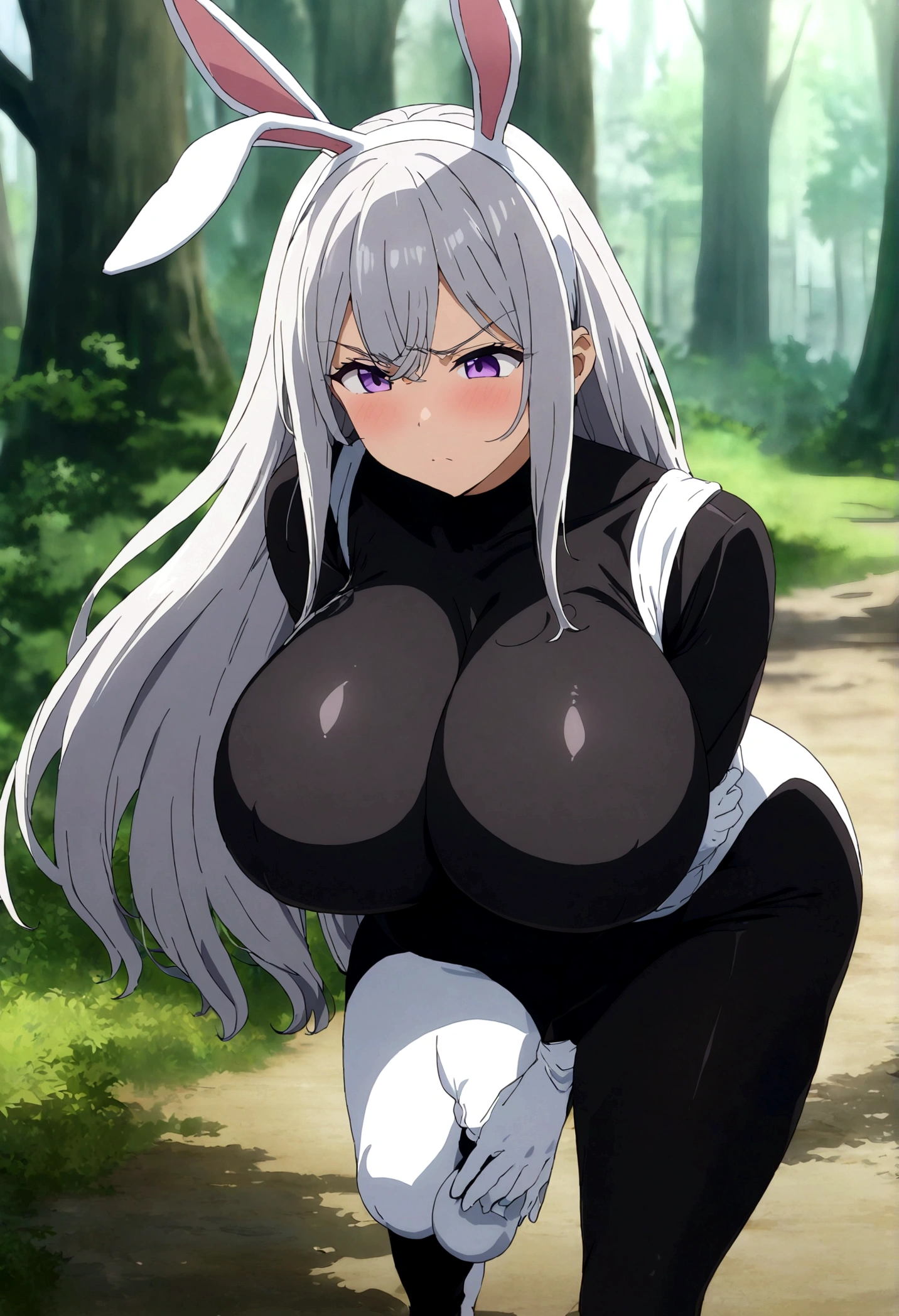(masterpiece, best quality:1.2) best quality, girl design, portrait, giesha, anime image, long hair, gray hair, angry and shy look, purple eyes, bunny ears, tight light blue bunny suit, black tight thighs, white gloves, round thick giant breasts, ((huge breasts)), ((large breasts)), ((enormus breasts)), giant thick hips, in a forest, full body, anime style, blurry, masterpiece, highres