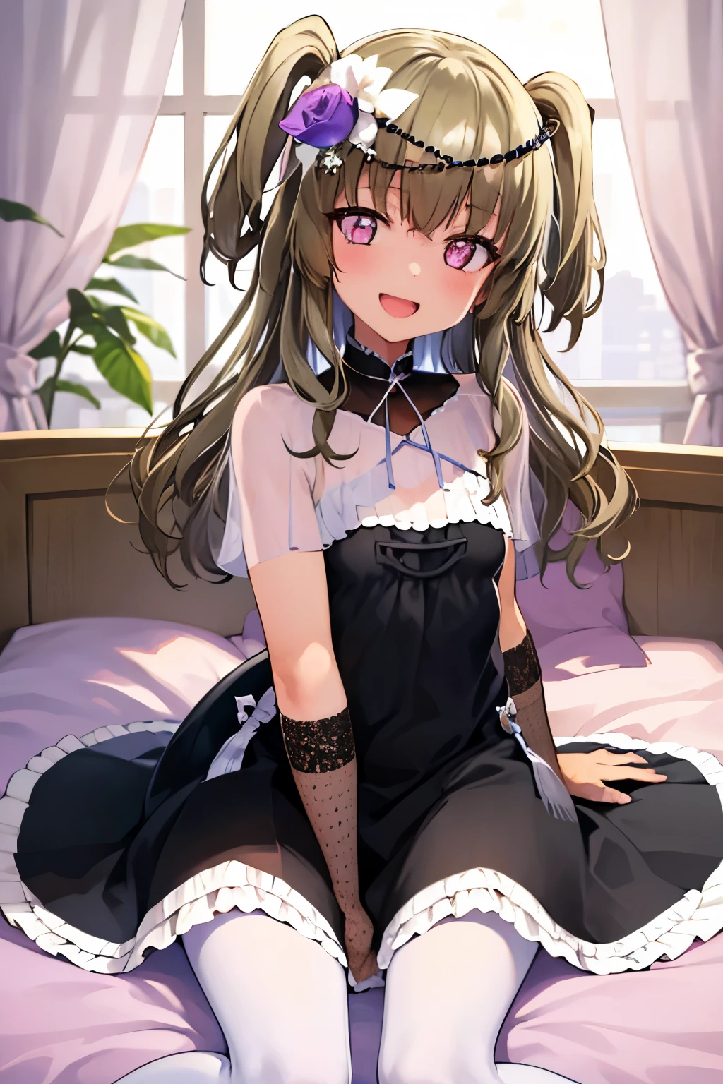 Himari Mei, masterpiece, 8 , flat chest, {1 girl}, cute and shy smile, highly detailed sparkling brilliant eyes, spread legs wide, on the bed of the elegant resort hotel, open mouth slightly, Bratty face, Skirt lifted, showing off thighs, {{{Absolute area}}}