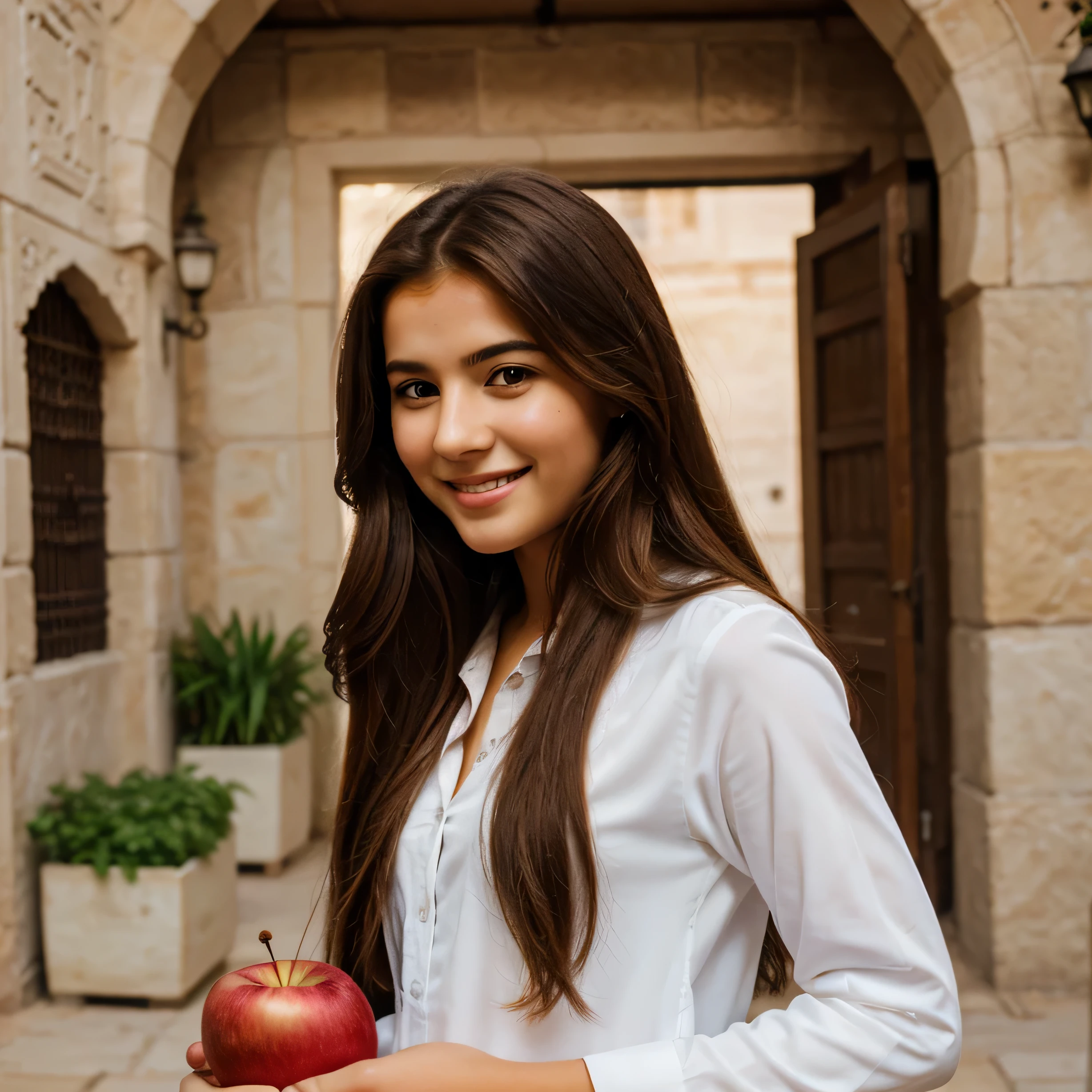 draw a poster of an image of a young woman looking at the camera . she smiles . she has an apple in her hands . she has red long hair. her clothes are Arabic style 