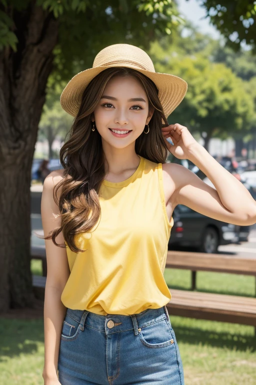 highest quality、4K、Perfect Face、Perfect Style、perfect body、Sunburn、beautiful lady、mature、long curly layer brown hair、Swept-back hair、full body, sexy 、charming、healthy、beige cap with brim、giddy-smile、jeans、at park、yellow sleeveless shirt