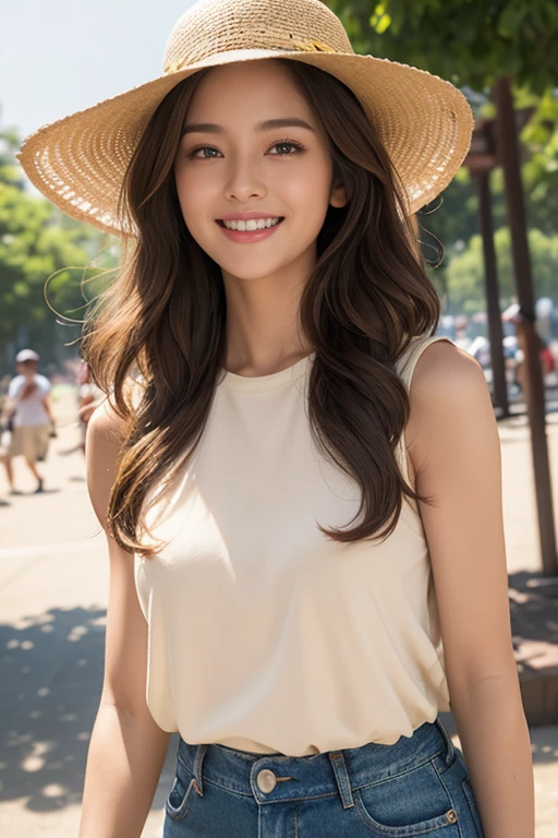 highest quality、4K、Perfect Face、Perfect Style、perfect body、Sunburn、beautiful lady、mature、long curly layer brown hair、Swept-back hair、full body, sexy 、charming、healthy、beige cap with brim、giddy-smile、jeans、at park、yellow sleeveless shirt