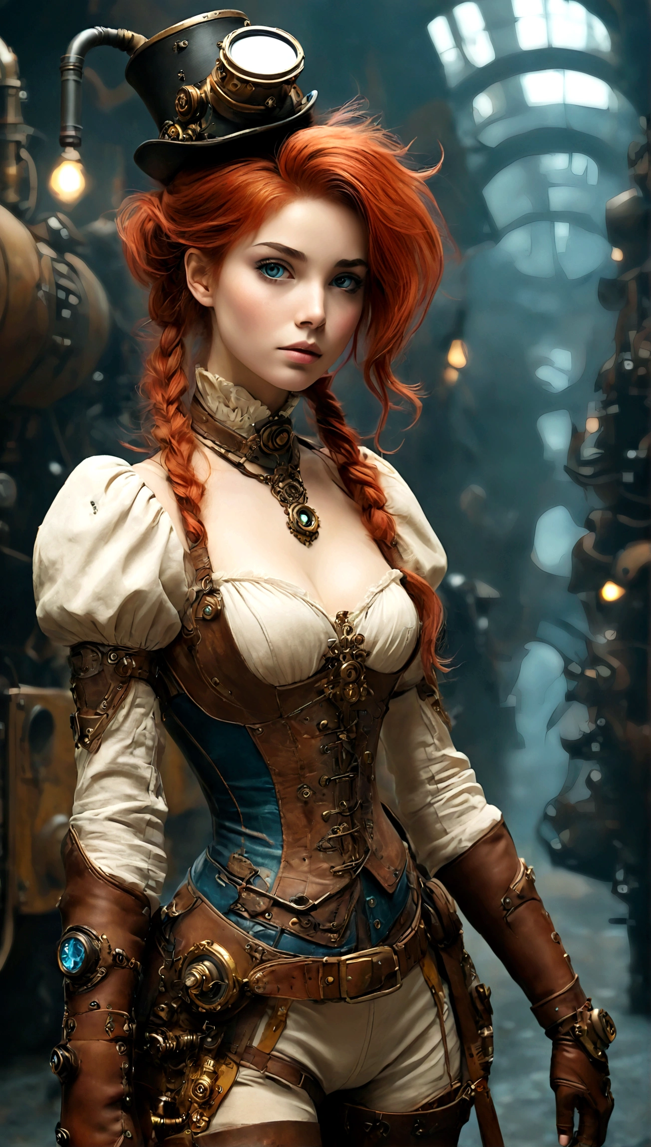 ((Masterpiece)), (Best Quality), (Cinematic),(extrem detailliertes CG Unity 8k-Hintergrundbild), 1girl, fit,delicious company, small breasts,(no goggles in face)(very long red hair), (no goggles in face) a stunning beautiful victorian red haired steampunk woman who lost her lower arm by accident but got instead a beautifully crafted fine and perfect fitting robotic(mechanic and hydraulic) prothesis(steampunk style). with this prothesis stretched towards she is showing(presenting) us a sealed filigrane poison glass phiole with blue liquid in it. hand-lower arm-prothesis made of brass and leather. dressed in fabric and leather victorian like clothing and on her head she has decorative wielding goggles also made of brass and leather. the scenery is a little bit gritty but also awe inspiring.,1 line drawing,makeup, 