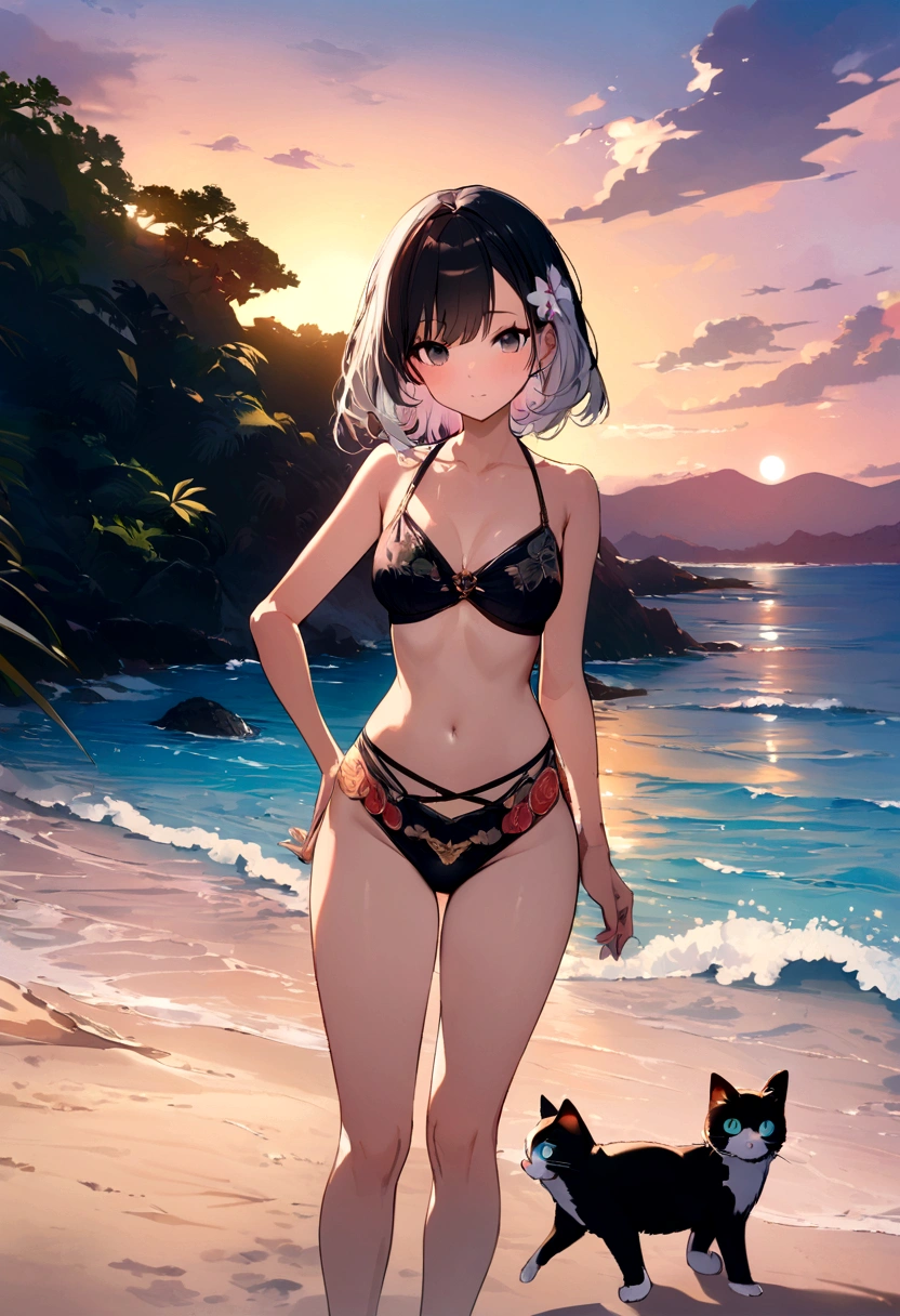 masterpiece, best quality, Extremely detailed, illustration,, Hanekawa short-haired cat, 1 Girl, whole body, , black eyes, Colorful hair, Black Hair, white hair,, swimsuit,, Detailed background, Marketing style, beach, Sunset,