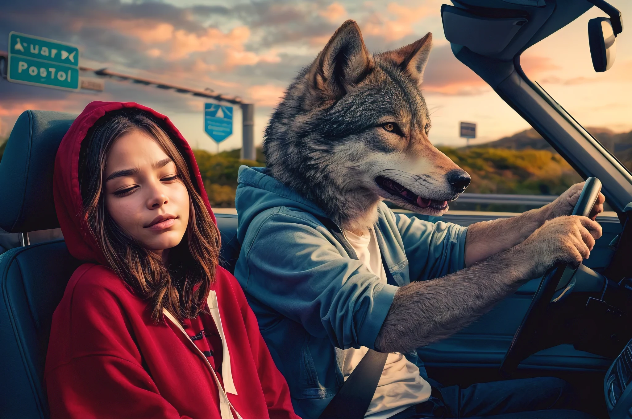 A surreal and whimsical photograph of a sleepy young woman in a red hoodie sitting beside a humanoid wolf wearing casual clothes, both on a road trip. The wolf, with fur and facial features similar to a real wolf, is intently concentrating on driving the car. The background shows highway signs and a picturesque landscape, suggesting they are on a long journey together. The atmosphere is playful and lighthearted, with the duo sharing a unique bond., photo