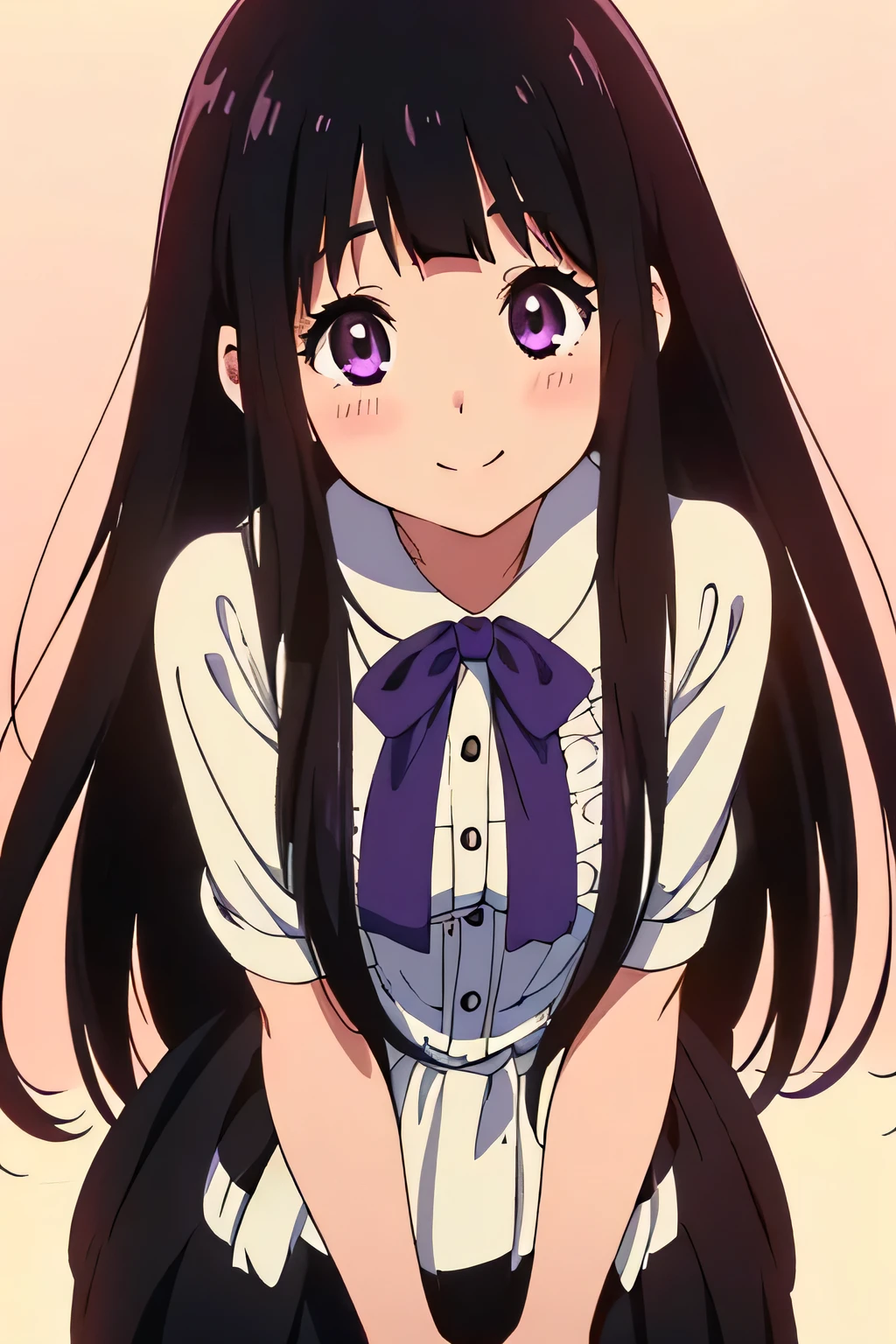 solo, (A superb exquisite Chitanda Eru), (adult face), (finely detailed beautiful eyes: 1.2), purple eyes, long black hair, natural straight hair, straight bangs, [Small_breasts: large_breasts: 0.5], bright lips, slender waist, straight curves, [8K full HD], (masterpiece:1.4), (((white background, blush, IDOL style, fashion clothes, smile, dress with skirt up)))