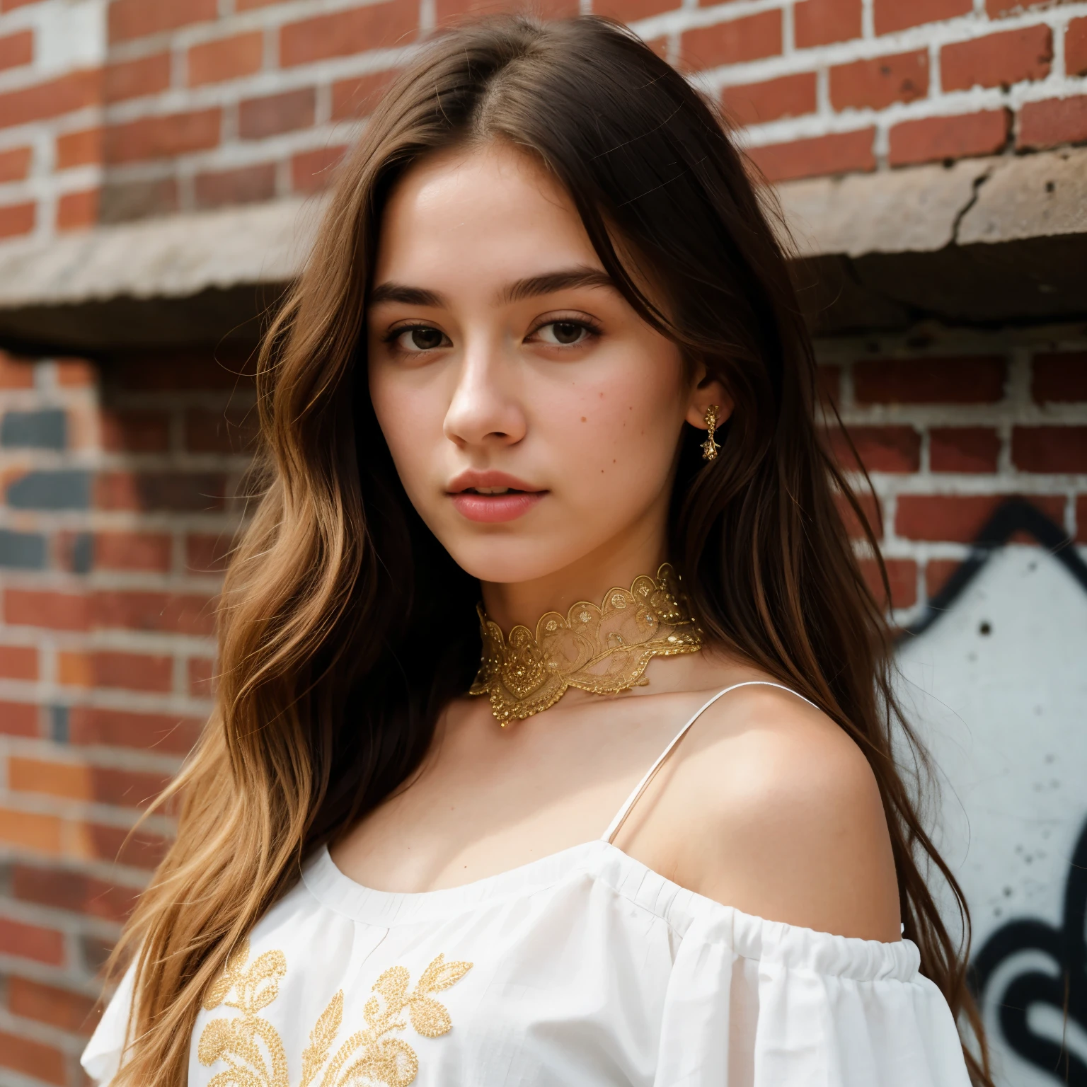 ultra realistic 8k cg, masterpiece, ((ultra detailed background, delicate pattern, intricate detail)), best quality, intricate details, chromatic aberration, 1girl, long hair, golden hair, messy hair, red highlights, hair over one eye, sharp eyes, choker, brick wall, graffiti, dim lighting, alley, oversized shirt,off shoulder, see through white shirt, Masterpiece, best quality