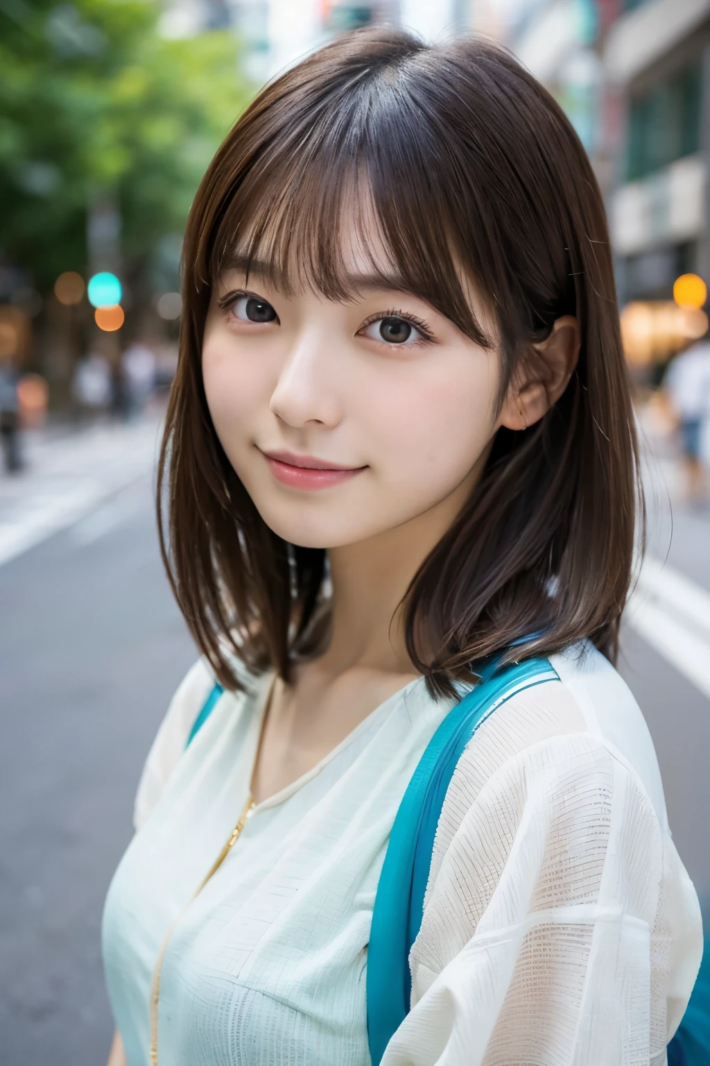 ((Photoreal)), 8K full-length portrait, (Beautiful woman), (Japanese woman), (detailed face), attractive look, Clear system, 18-year-old, Tokyo city, summer, for the background, medium hair, 